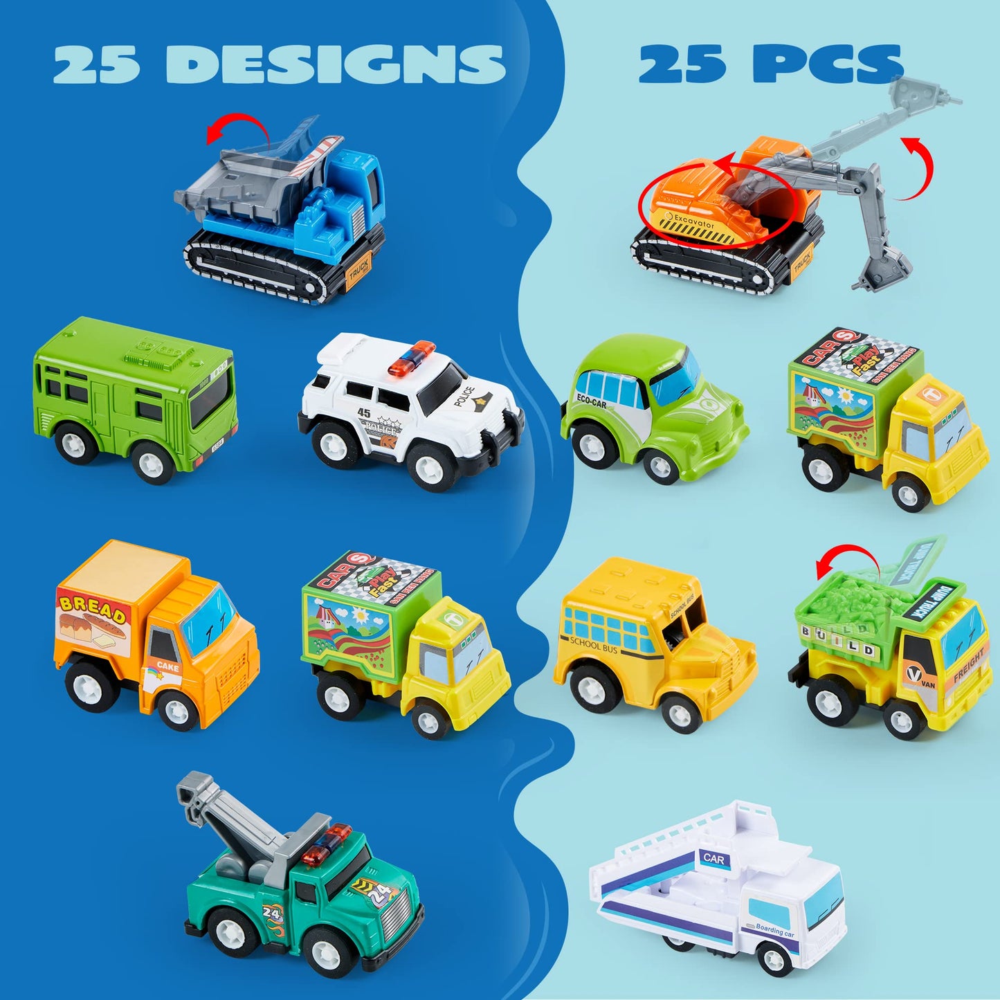 JOYIN 25 Pieces Pull Back Cars and Trucks Toy Vehicles Set for Toddlers, Girls and Boys Kids Play Set, Party Favors, School Gifts, Goodie Bags Stuffers for Kids