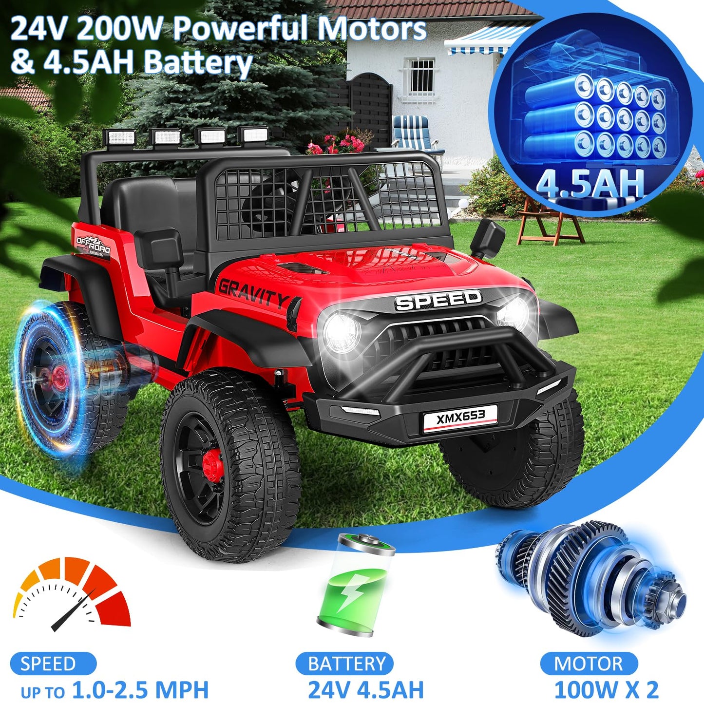 Hikole 24V Ride on Car with Remote Control, Power Car Wheels for Kids, Music Player, Shock Absorption, LED Lights, 3 Speeds, Safety Belt, Electric Car for Girls Boys, Red