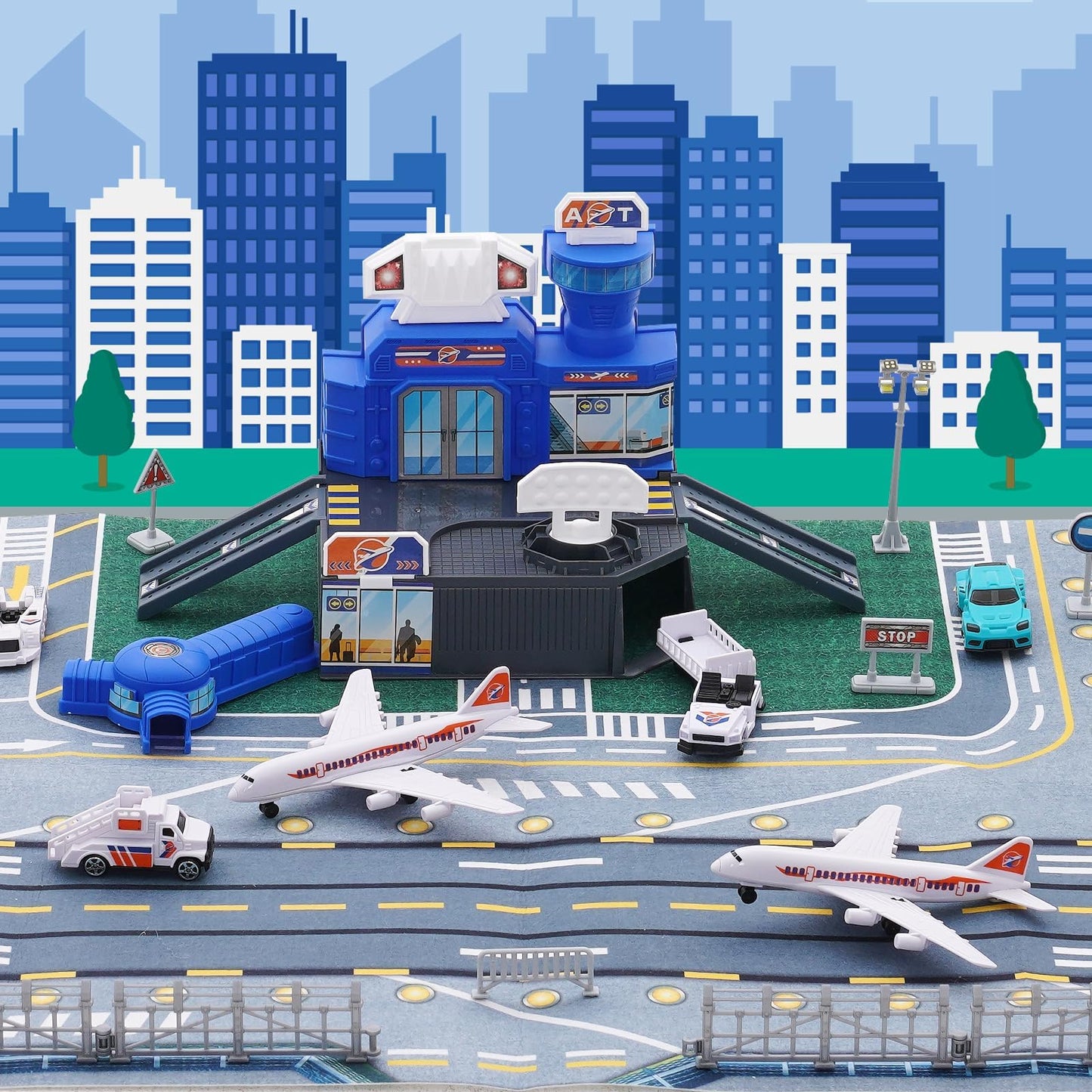 Airplane Toy Set with Trucks, Helicopter, Planes, Signs and Airport Playmat, Interactive Early Learning Toys Great Military Toys Gift for 3 4 5 6 Kids Boys Girls