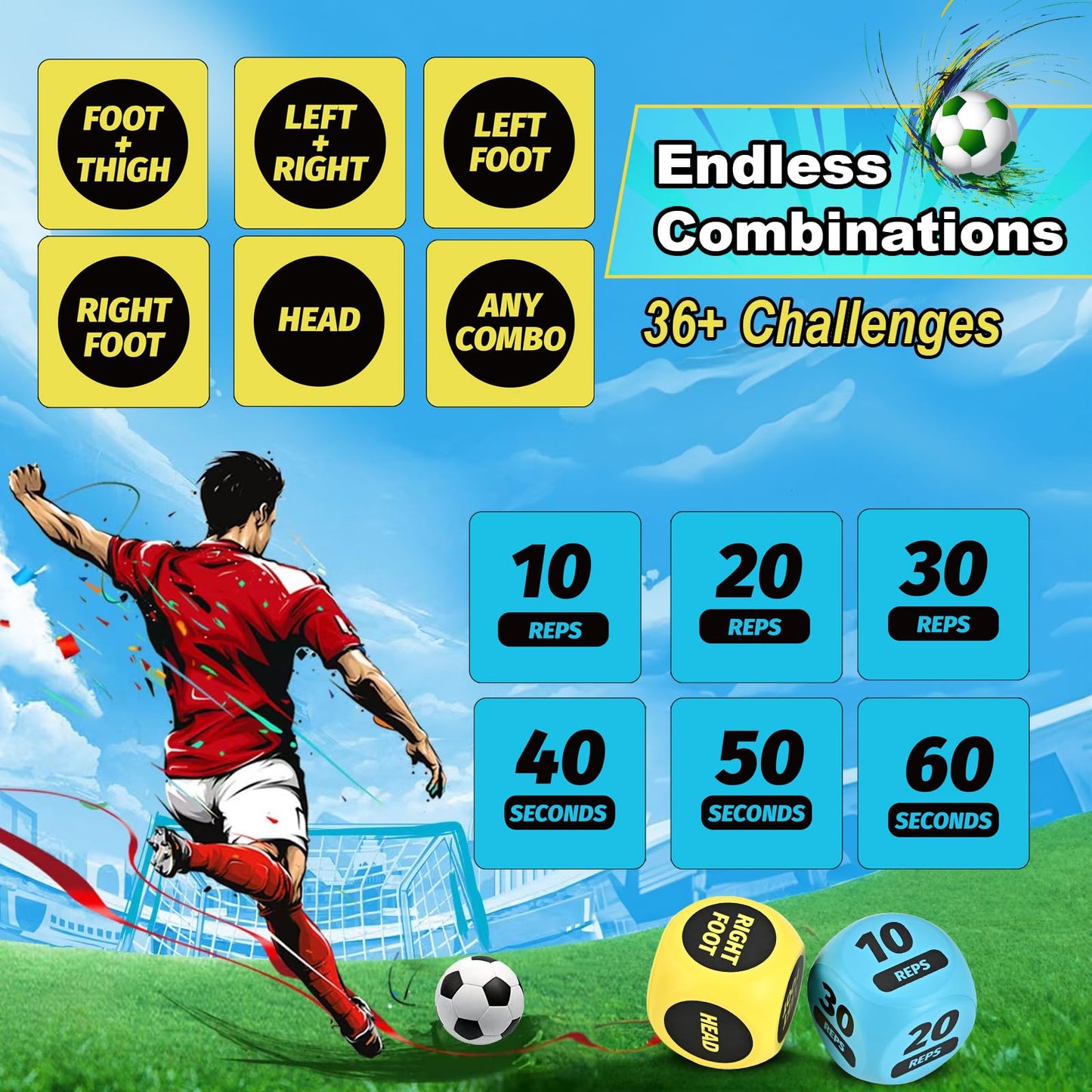 Soccer Training Dice Set - 2 Pack Ideal Soccer Gifts for Boys 8-12, Girls, Teams & Coaching Drills - Practice Equipment with Action & Time Challenge Mode - Fun Sports Games for Kids