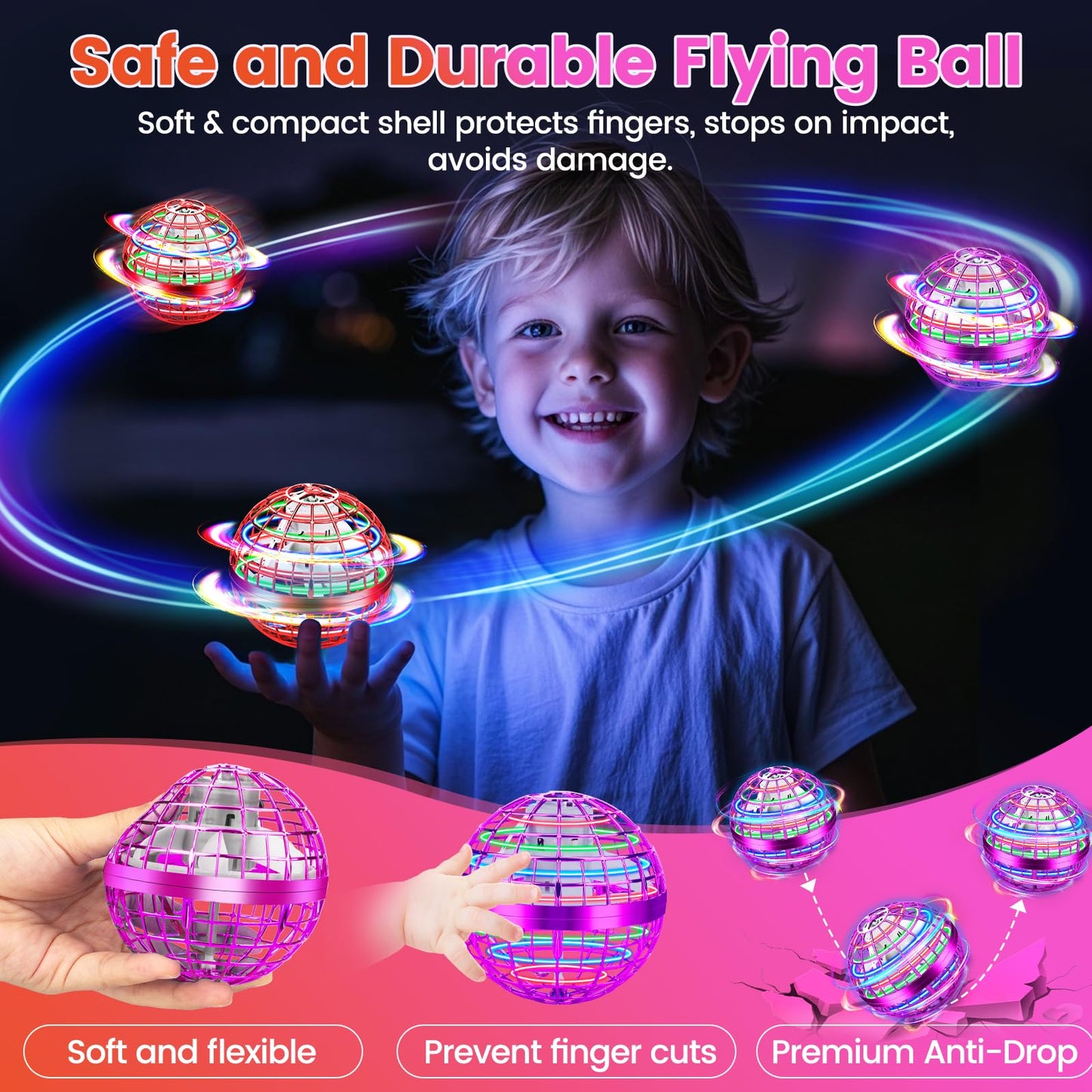 NWLAEWR Flying Orb Ball Toy, 2026 Upgrade Hand Controlled Hover Ball with LED Lights, 360° Rotating Boomerang Globe, Cool Mini Drone, Ideal Birthday&Christmas Gift for Boys Girls-Red & Purple