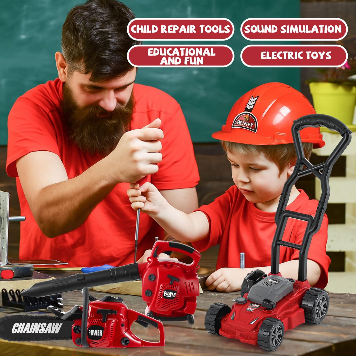 Arrowbash 3-in-1 Kids Gardening Toy Set, Toy Leaf Blower & Chainsaw & Push Lawn Mower with Realistic Sound, Outdoor Backyard Play Educational Learning Birthday Summer Gift for 3-8 Boys Girls