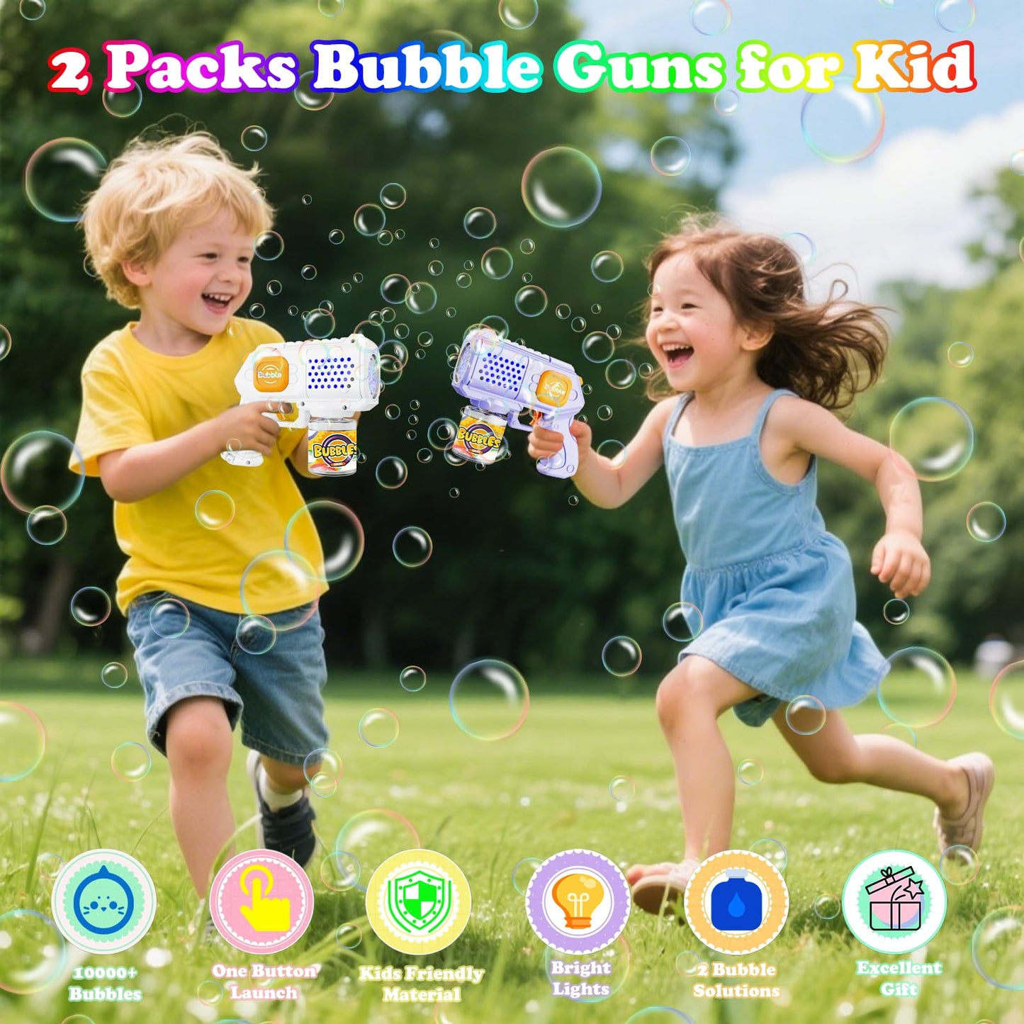 Panamalar 2 Packs Bubble Guns for Kids, Automatic Bubble Machine Gun 10000+ Bubbles/Min, 10 Holes Bubble Maker Toys with Solution/Light for Boys Girls Outdoor Wedding Party, Purple+White
