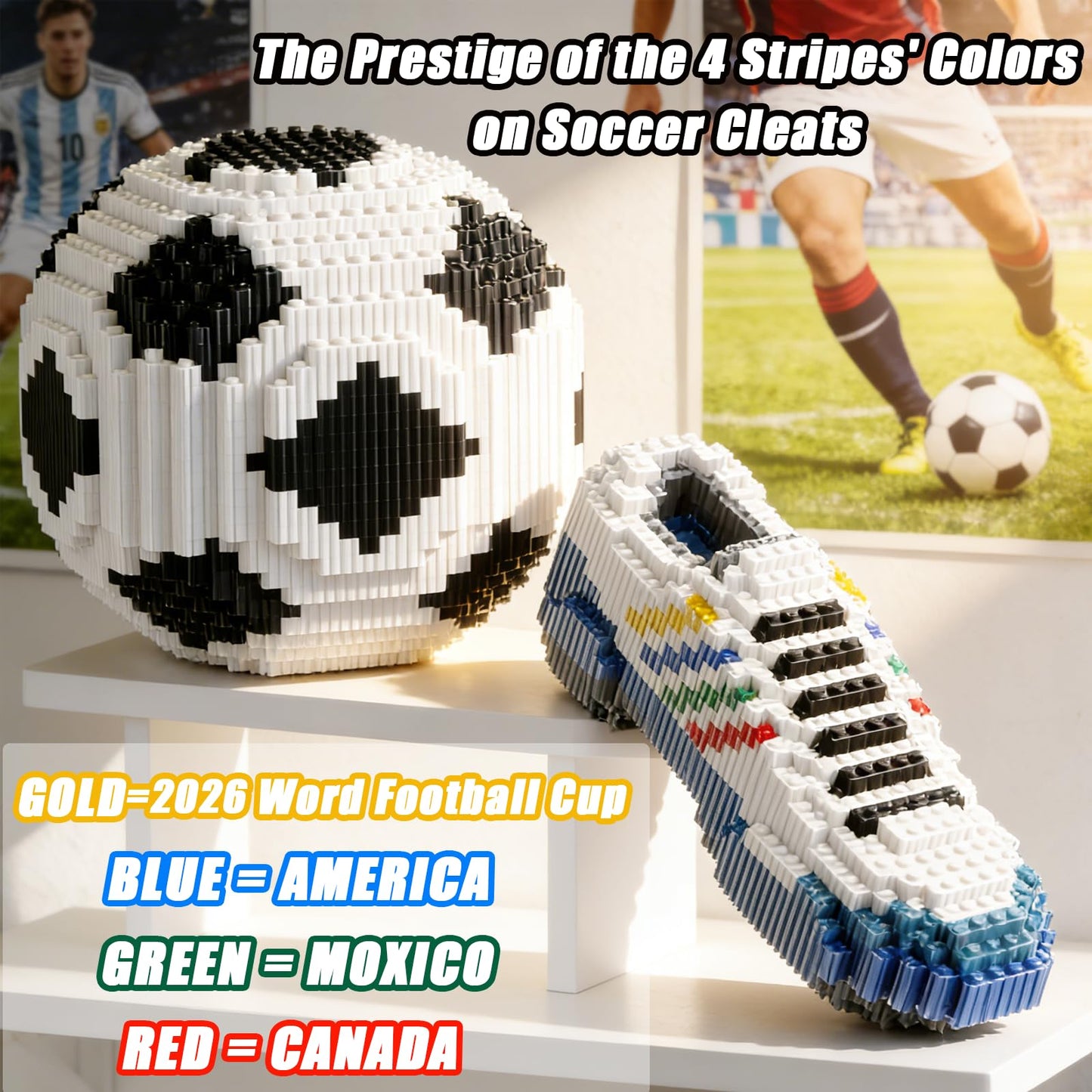 USVillGO 2026 New Soccer Ball with Sport Sneaker Building Block Set, Realistic Soccer, Luminous Crystal Shoe, Golden Stand STEM Bricks, DIY Educational Toy World Football Cup Gifts for Teen, Adult