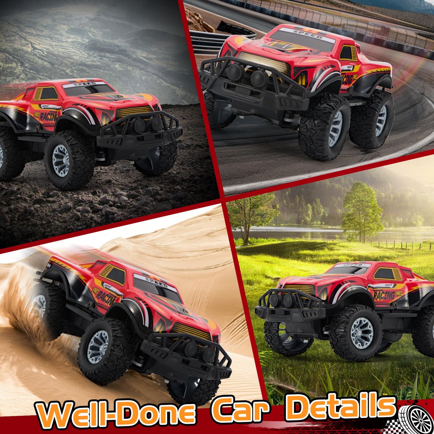 JOYBLI Remote Control Cool Off-Road Vehicle Truck, 2.4GHz RC Car with LED Lights, 1:20 Scale Off-Road Vehicle, Red RC Truck,Remote Control car from a Long Distance,Gifts for Children (RED)