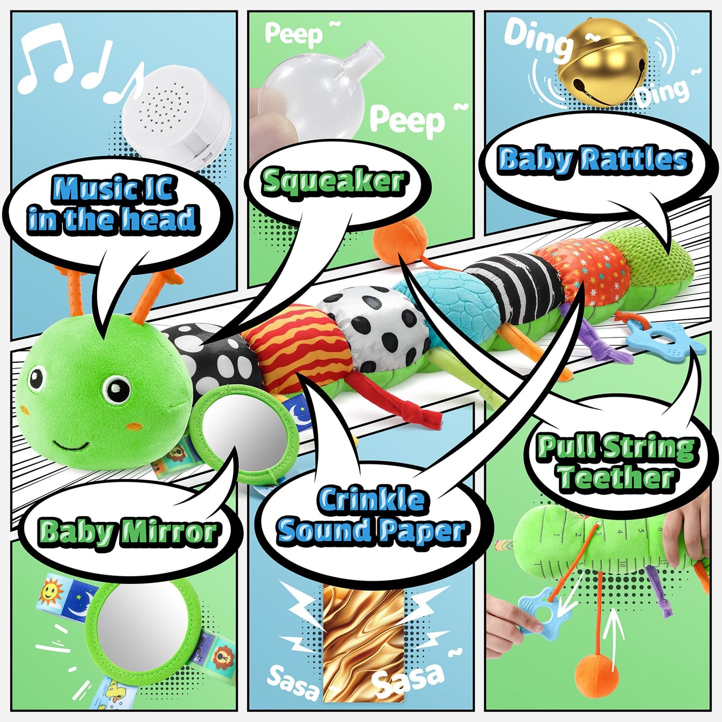 LIGHTDESIRE Baby Toys Musical Caterpillar,Infant Toys 3 6 12 Months Sensory Toy with Ruler Design,Mirror,Pull String,Crinkle&Ring Bell,Baby Teething Toy for Tummy Time Boy Girl Gifts (Lime Green)
