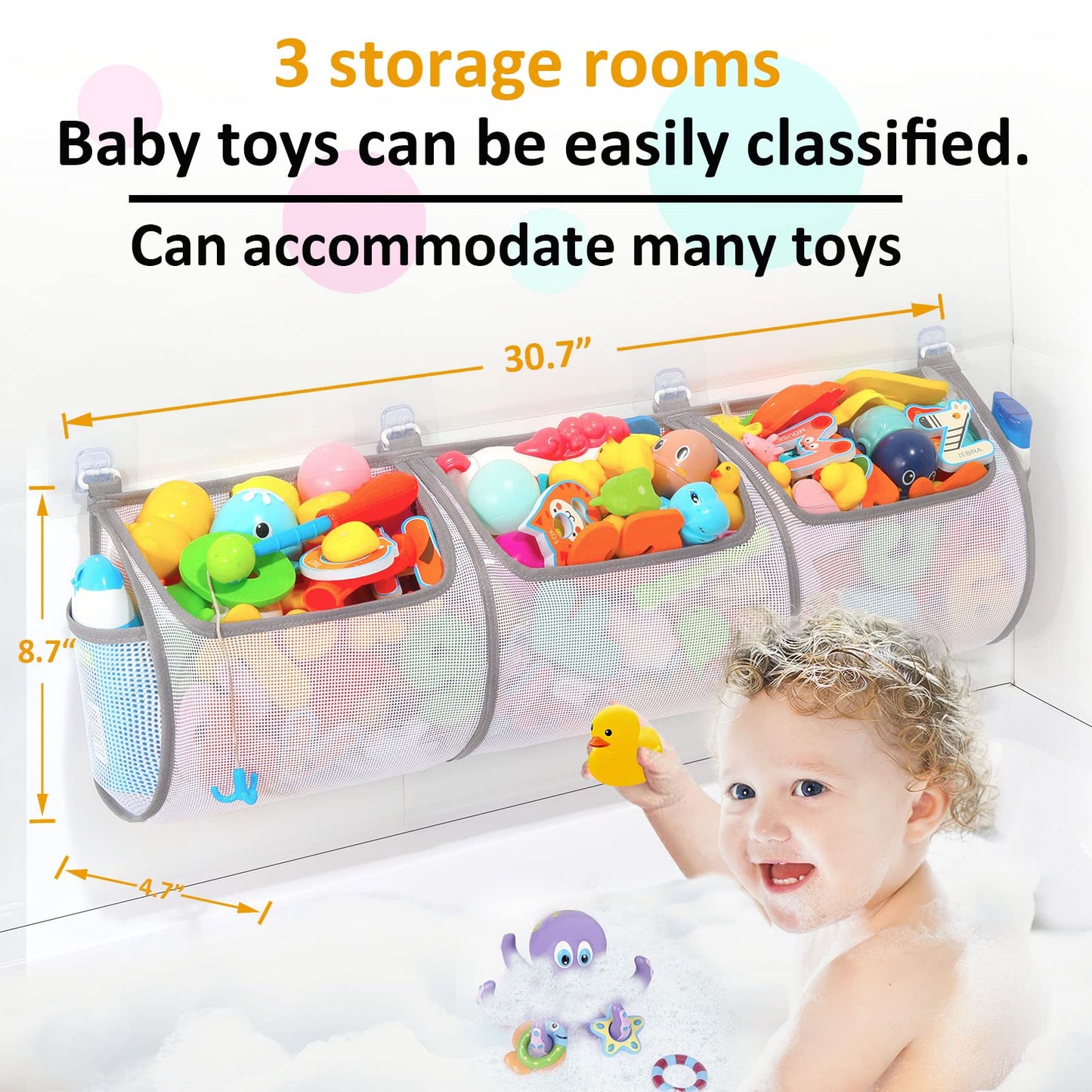 Ligereza Bathtub Toy Holder，Prevent Spots，Bath Toy Storage Bath Toys for Kids Ages 4-8 30“x8.7”Mesh Bath Toy Holder，let Baby Bath Toys Quick Drying