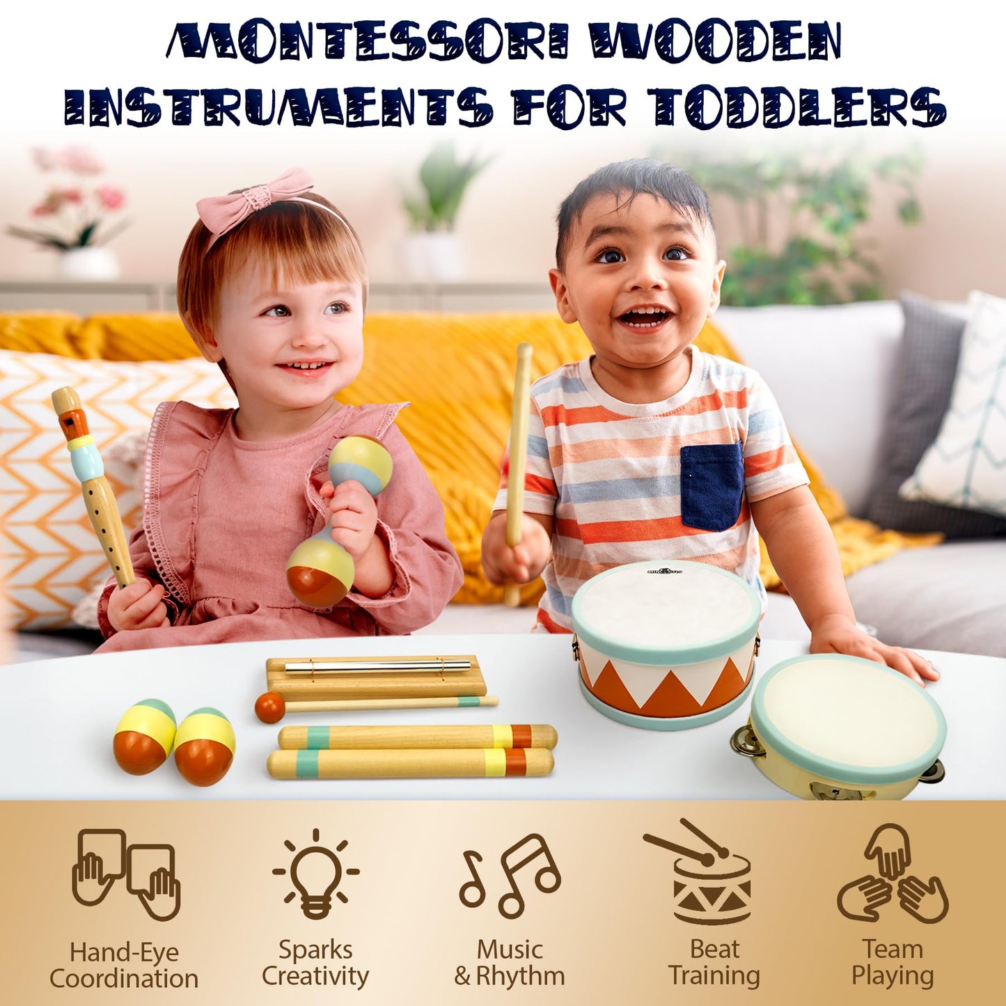 MINIARTIS Toddler Musical Instruments - Montessori Wooden Musical Toys for Toddlers 1-3 | Modern Boho Baby Drum Set with Neutral Colors Percussion Instruments | Kids Preschool Educational