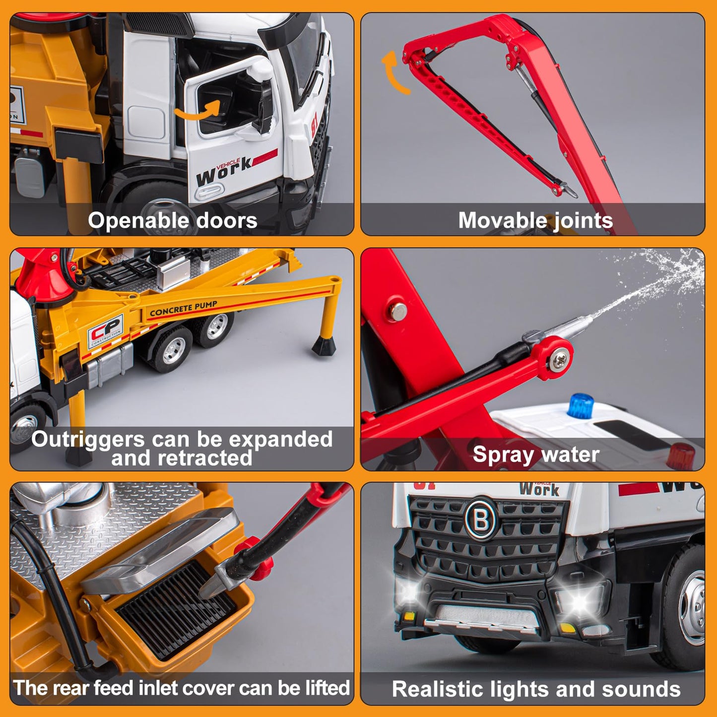 Concrete Pump Truck Toy Metal Cab, Diecast Construction Trucks with Working Water Pump, Lights and Sounds, Construction Vehicles Toys for 3 4 5 6 Years Old Boys Kids, 12.8"
