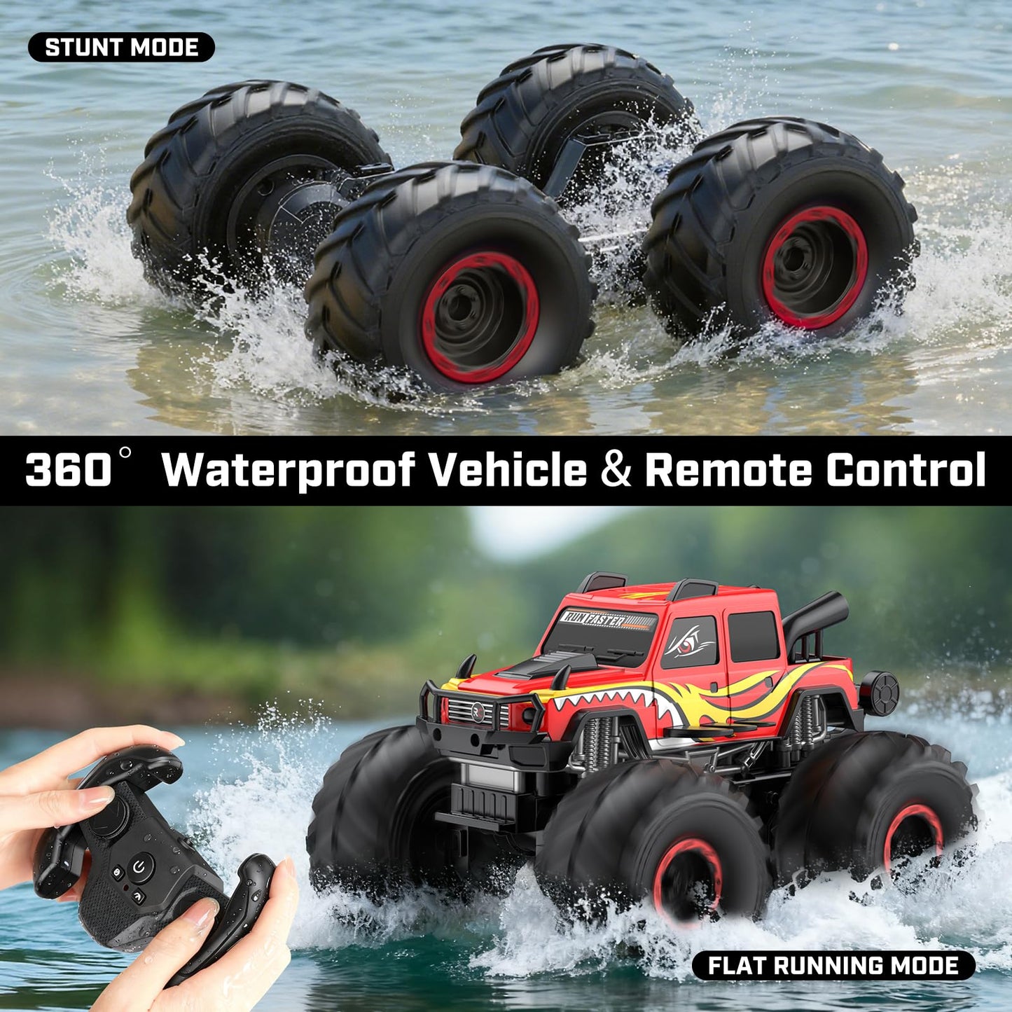WayEee Remote Control Car Toys for Kids 6+, RC Car Waterproof Monster Truck Toys, Amphibious 4X4 Pickup, All Terrain Off-Road Vehicles, 2.4GHz Remote Control, 1/18 Scale RC Truck Boys Gifts/Red