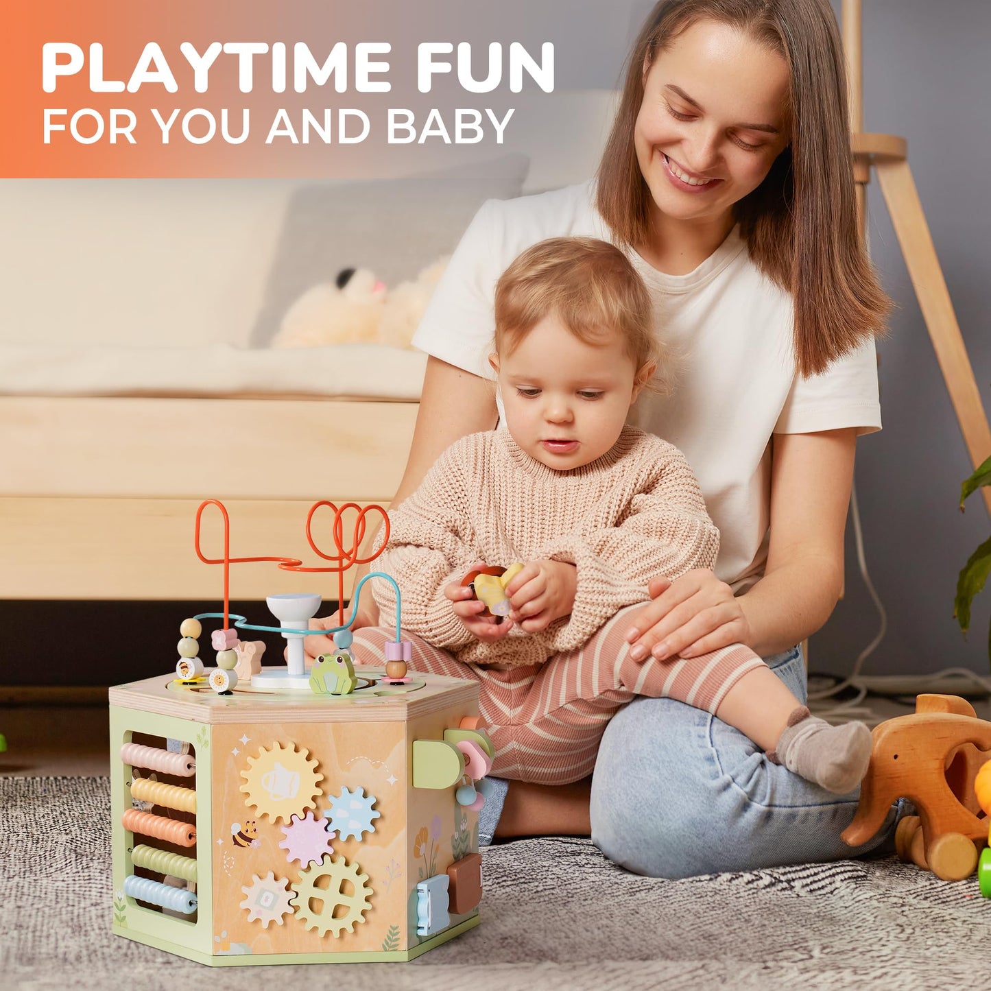 ROBUD Wooden Activity Cube, Montessori Toys for 1+ Year Old, Educational Toy with 13 Functional Areas, Fountain Garden Theme for Baby Boys & Girls