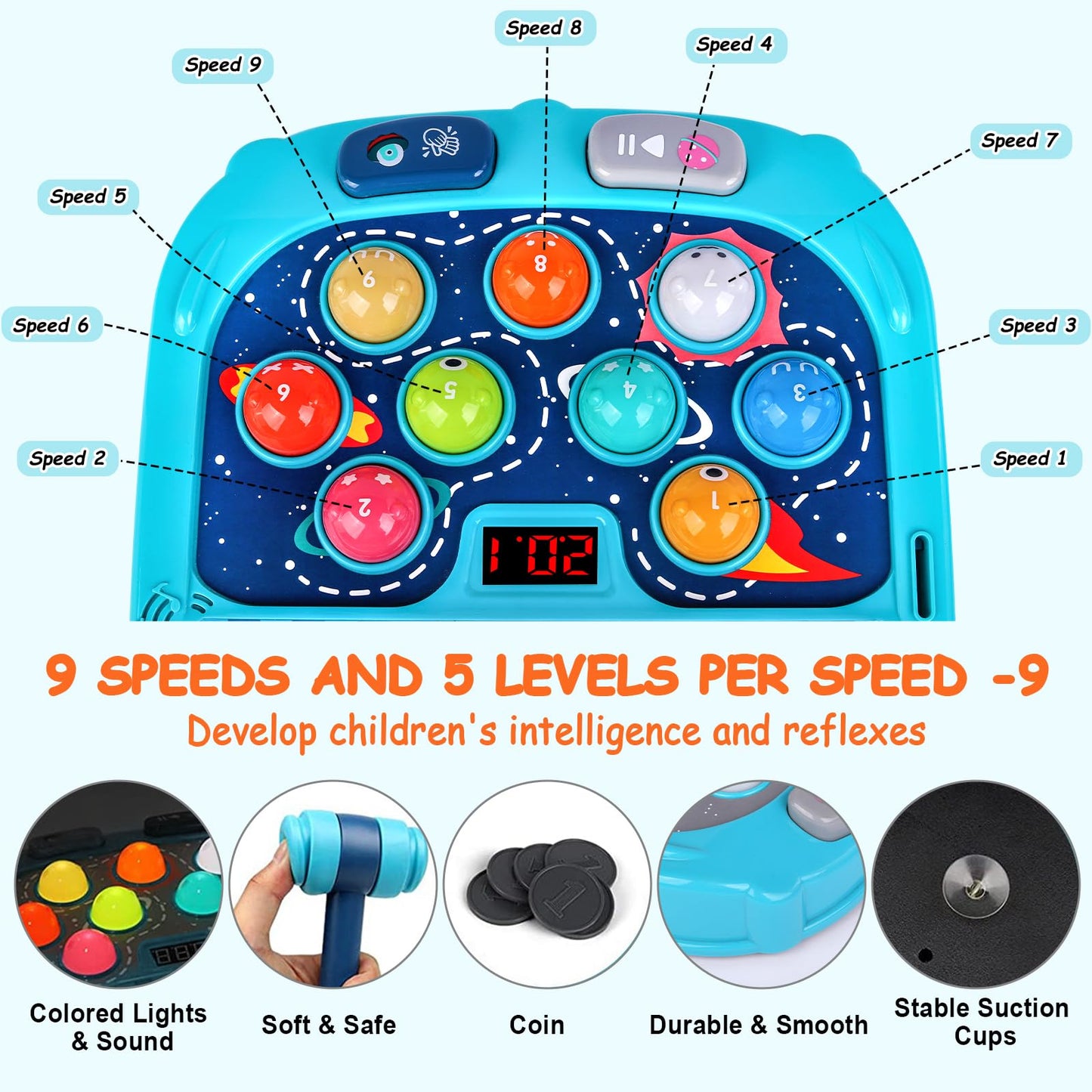 Whack Game Mole for Toddlers, Toys for 3-12 Year Old Boys Girls, Pounding Toys for Age 3-8, Birthday Gifts for 3 4 5 6 7 8+ Year Old Boys Kids, Educational Toy with Sound,Light,PK Mode with 2 Hammers