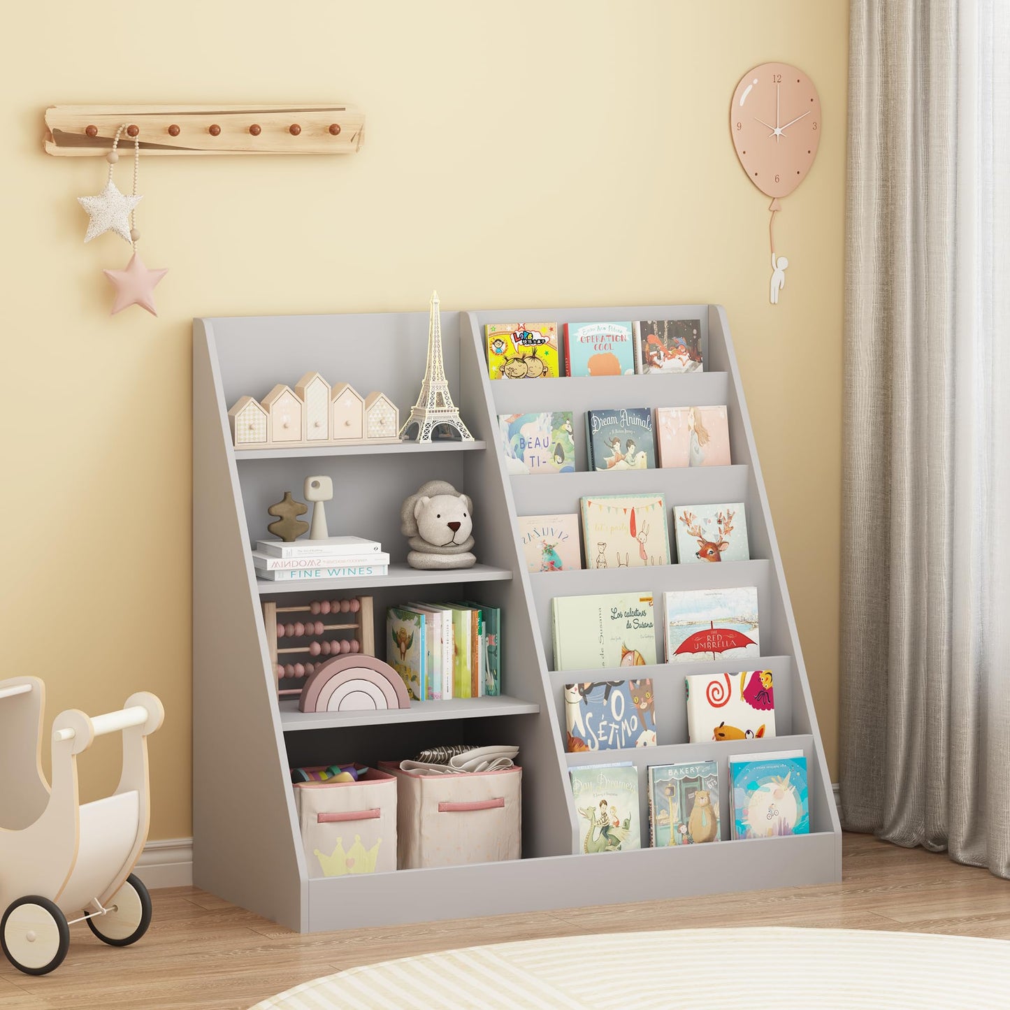 Ball & Cast Kids Bookshelf and Toy Storage,Toy Organizer W/ 4 Tier Kids Book Shelf,Toddler Montessori Bookshelf W/ 6 Layer Sling Children Bookcase,Wooden Display BookRack for Nursery Playroom,Gray