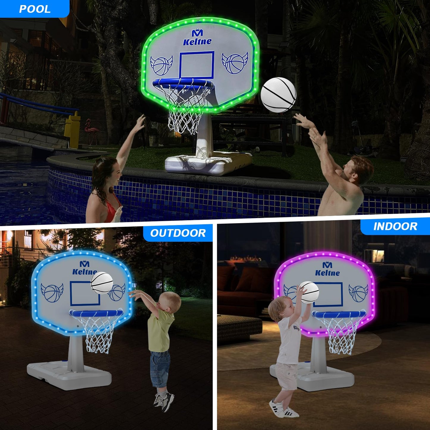 Solar Pool Basketball Hoop with Lights, 34"x34"x42.2" Oversized Swimming Pool Toys with 2 Balls/Pump for Poolside Water Basketball Game, High Brightness LED Poolside Basketball Hoop for Kids & Adults