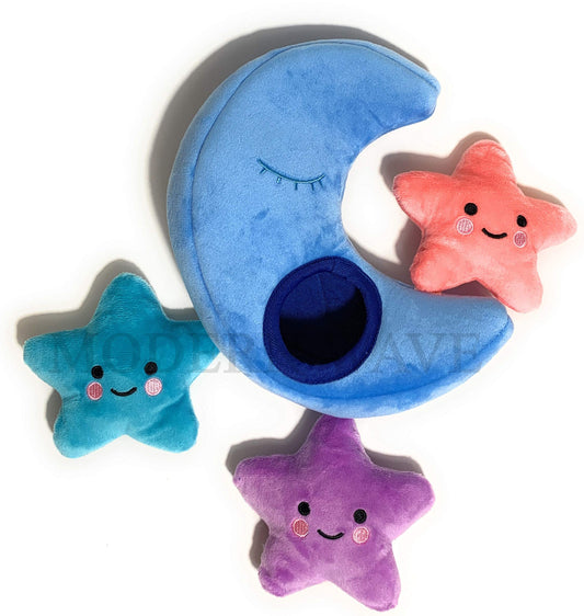 MODERN WAVE - Interactive Squeaky Plush Hide and Seek Squirrel Type Puzzle Toy for Dogs, Small Size (Moon and Stars)