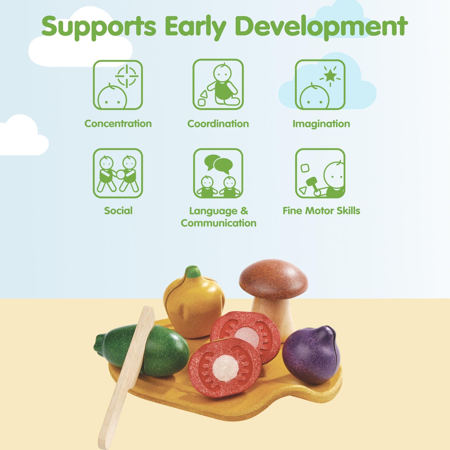 PlanToys® Wooden Assorted Vegetable Set | Montessori Play Food for Toddlers | Includes Tomato, Mushroom, Shallot, Bell Pepper & Cucumber with Tray & Knife | Eco-Friendly Pretend Cooking & Roleplay Toy