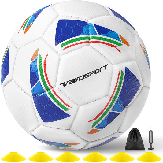 VAVOSPORT Soccer Ball Set – Official Size 3, 4, 5 Soccer Balls with Pump & 6 Cones, Waterproof TPU Leather Soccer Training Equipment for Kids, Youth & Adults, Gifts for Sports Play and Outdoor Games