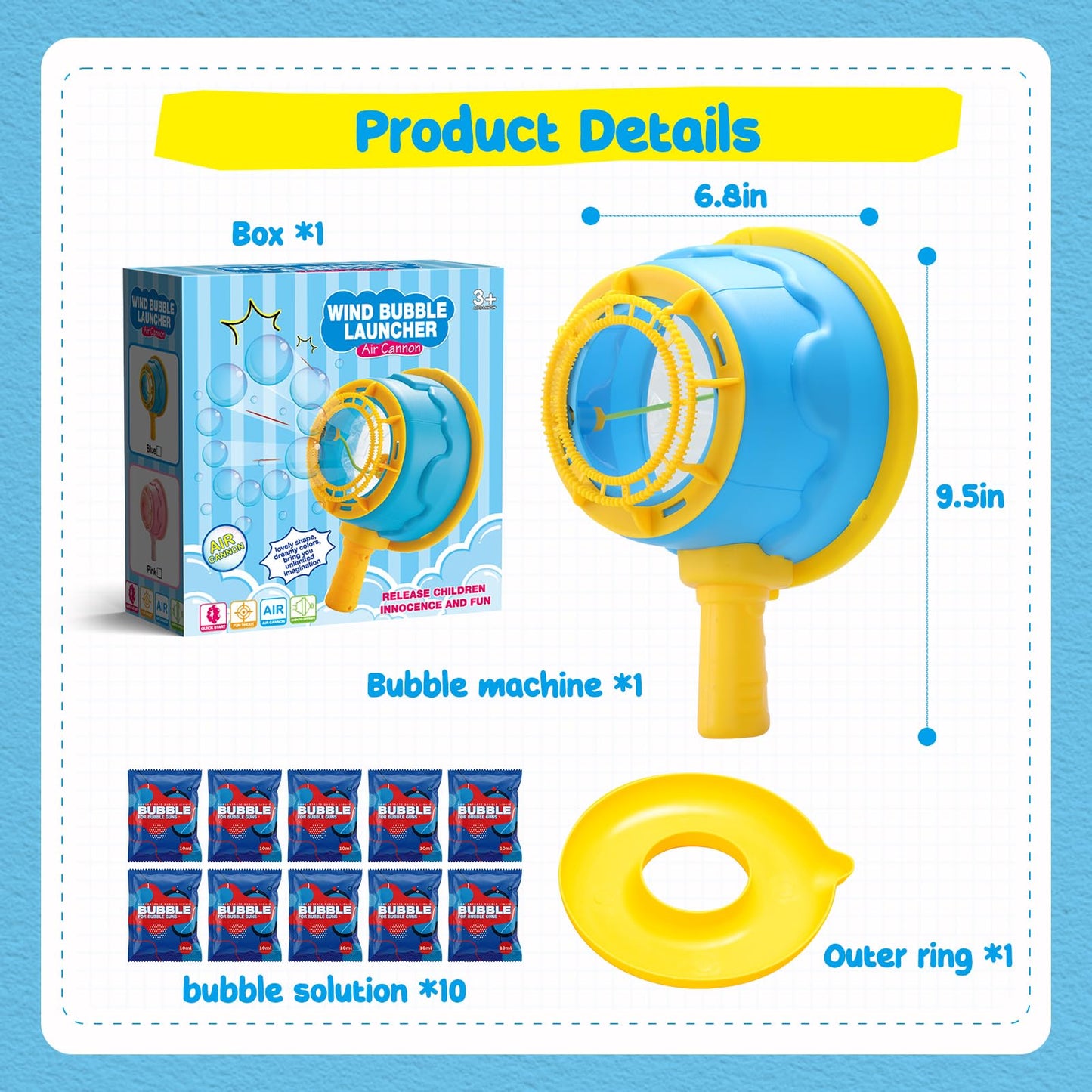 Dolanus Air Cannon Bubble Machine Gun Wand Toy, Giant Bubbles Maker Blaster Blower, Toys for Age 3 4 5 6 8 Year Old Kids Toddlers, Outdoor Fun Activities Games Summer Toys, Birthday Gift (Blue)