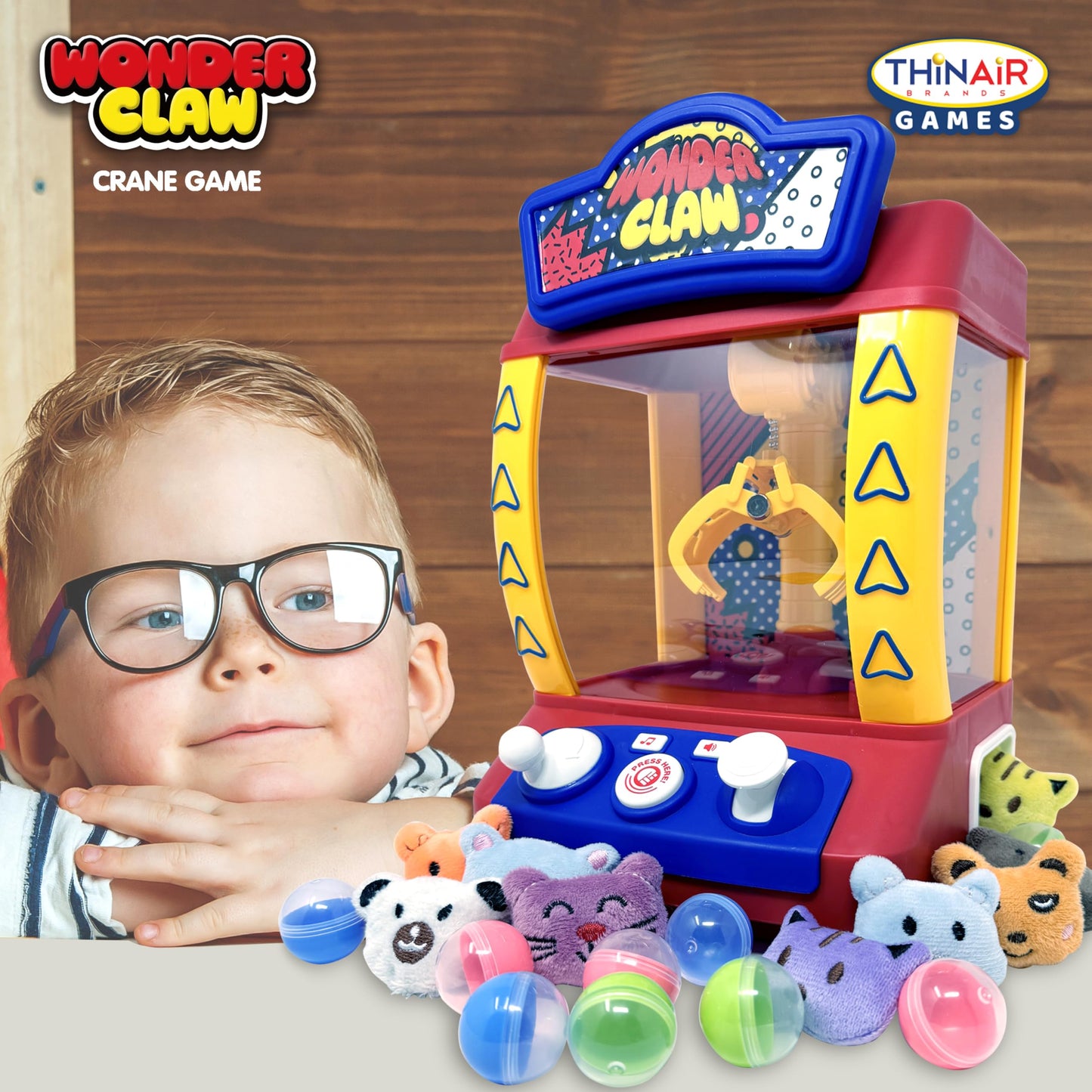 Thin Air Brands Wonder Claw Machine Crane Game for Kids - Arcade Style with 9 Stuffed Animal Prizes and 9 Balls, Sound Effects - Perfect Birthday Surprise Toy Grabber Arcade Game