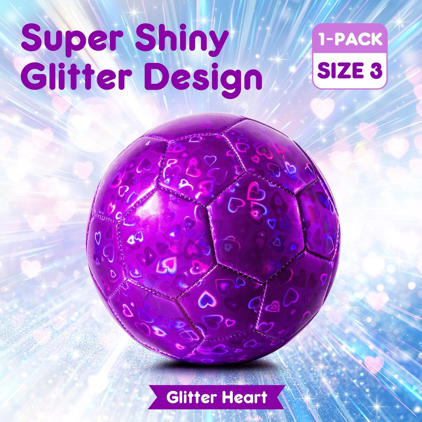 Paokoo Soccer Ball Size 3 - Glitter Purple Heart Training Ball Small Soft for Boys Girls 3-8 - Great Soccer & Birthday Gift for Toddlers & Kids Back to School Indoor Outdoor Games