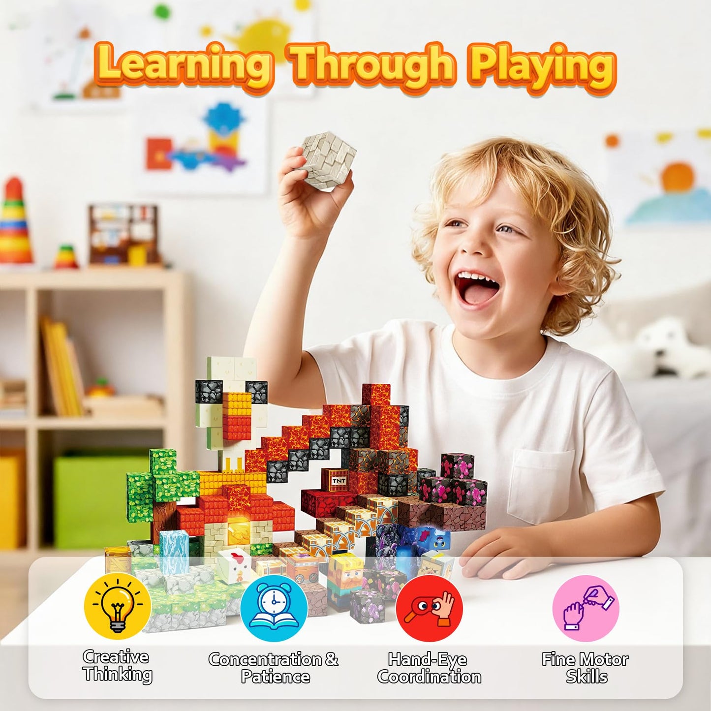 Laoren 200PCS Magnetic Building Blocks Magnetic Blocks Cubes for Kids Ages 4-8 STEM Constructions Magnet Blocks Sensory Stacking Toy (Lava Grill Chicken-200pcs)