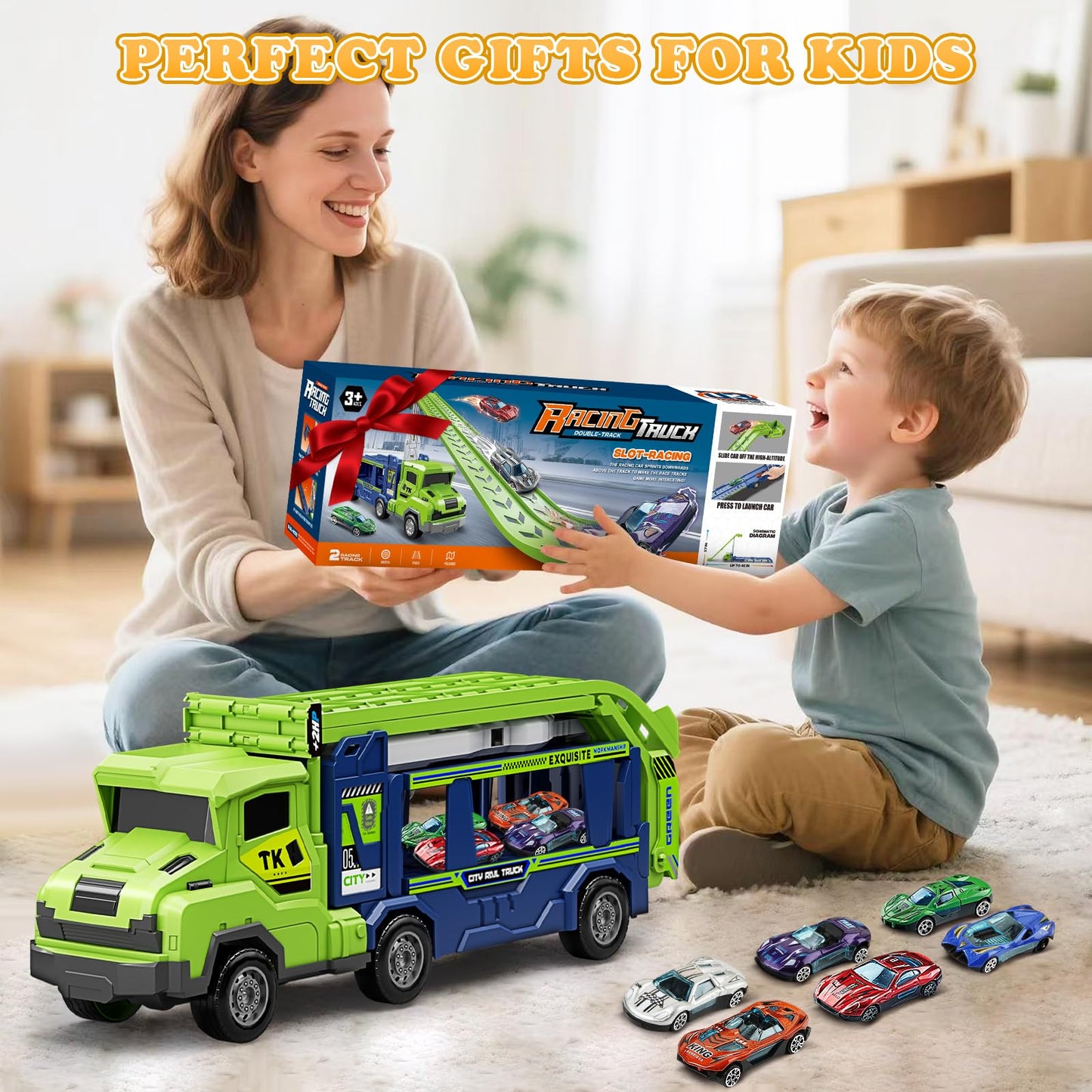Truck Car Toys for 3, 4, 5, 6, 7, 8 Years Old Kids, Carrier Truck Race Track Toys, Foldable Transport Car Toys with 2 Foldable Race Tracks, 6 Metal Cars, Birthday Gifts for Toddler Boys Girls