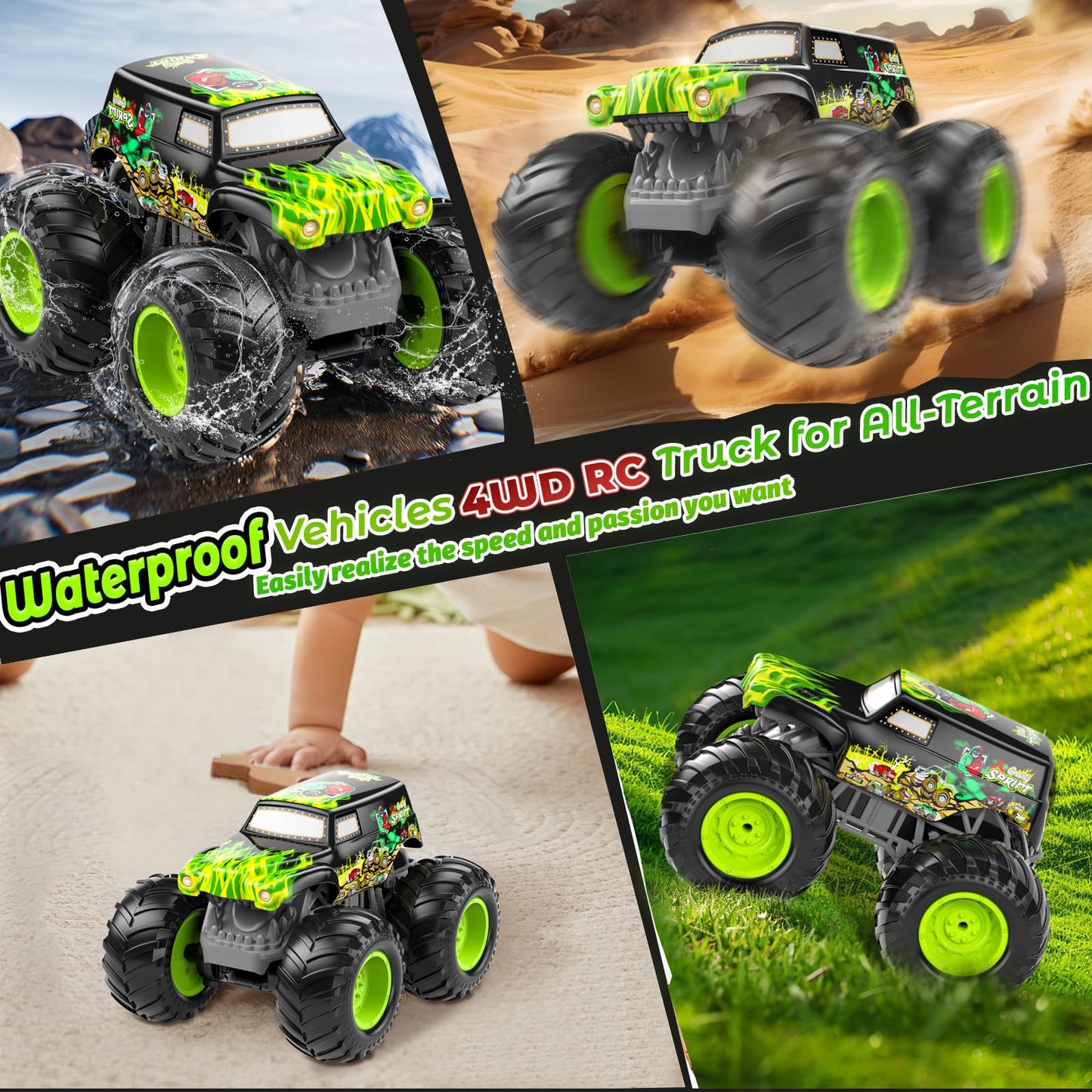 LAZZAROU Amphibious Remote Control Monster Truck for Kids, Self-Balancing 4WD Stunt RC Truck with Wheelie Action, Waterproof All-Terrain Off-Road Big Tire Toy Car for Boys Girls Ages 6–12, Pool Gift