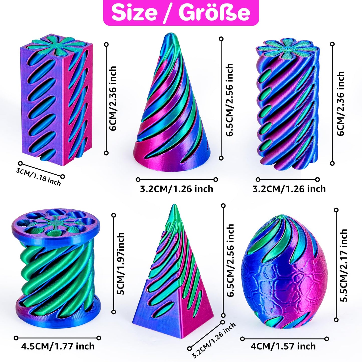 dikale 6 Packs Spiral Cone 3D Printed Fidget Toy Set, Flexible Impossible Cone Pyramid Passthrough Toys for Stress Relief, Fun Desk Deco Relaxing Gift for Kids Adults, Rose Red+Blue+Green