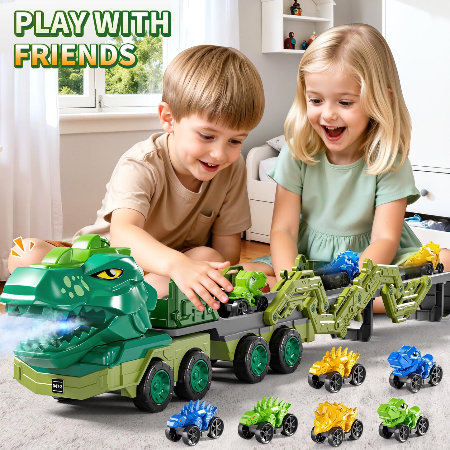 DULONIME 10 in 1 Dinosaur Truck Toys for Kids Aged 3-5 4-8 with Foldable Race Track, Carrier Truck with 9 Dinosaur Toy Car for Boys, Spraying, Light and Sound, Birthday Gifts for Girls Toddlers 5-7