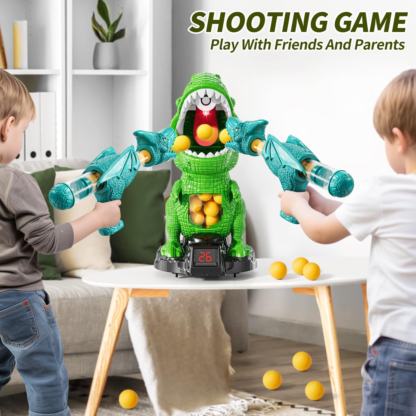 JUKUDAHU Dinosaur Shooting Boy Toys for Kids Age 3 4 5 6 7 8 - Moveable Shooting Game with Scoreboard, Light and Sound, 12 Foam Balls, Boy Toddler Toys 5-7 6-8 8-10, Competition Game Gifts (Green)