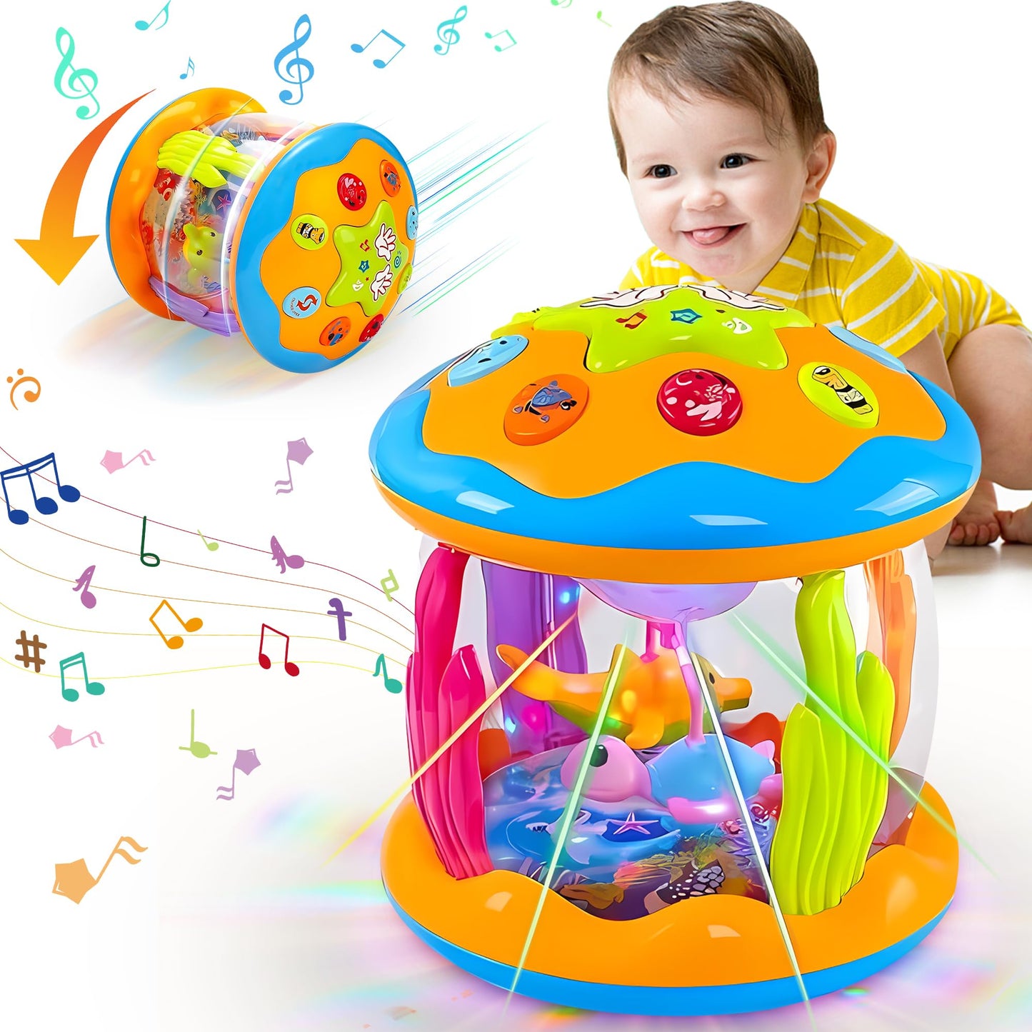 ROHSCE Baby Toys 6 to 12 Months - Musical Rotating Light Up Infant Toys, Early Learning Toys Baby Crawling Drum Toy, Tummy Time Educational Sensory Baby Girl Gifts for Toddlers 1 2 3 Years Old