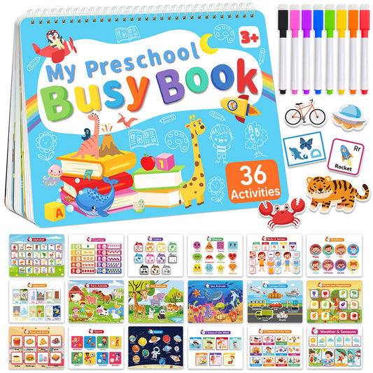 Toddler Busy Book Preschool Learning Activities, Montessori Educational Toys for 3 4 year old Boy Girl Gifts, Tracing Coloring Activity Books for Kids Ages 3-5, Autism Sensory Travel Toys for Toddlers