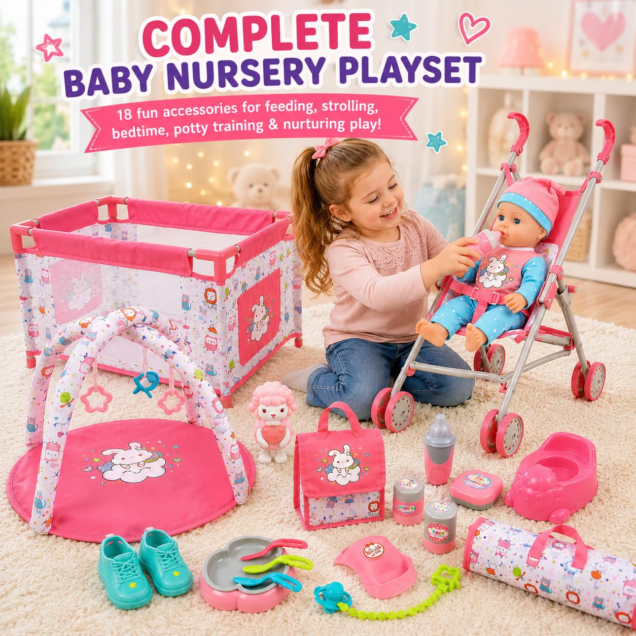 Liberty Imports Kids 18-Piece Newborn Talking Baby Doll Stroller Nursery Role Play Set w/ Playpen, Play Mat, Potty Training, Accessories (14" Doll Included)