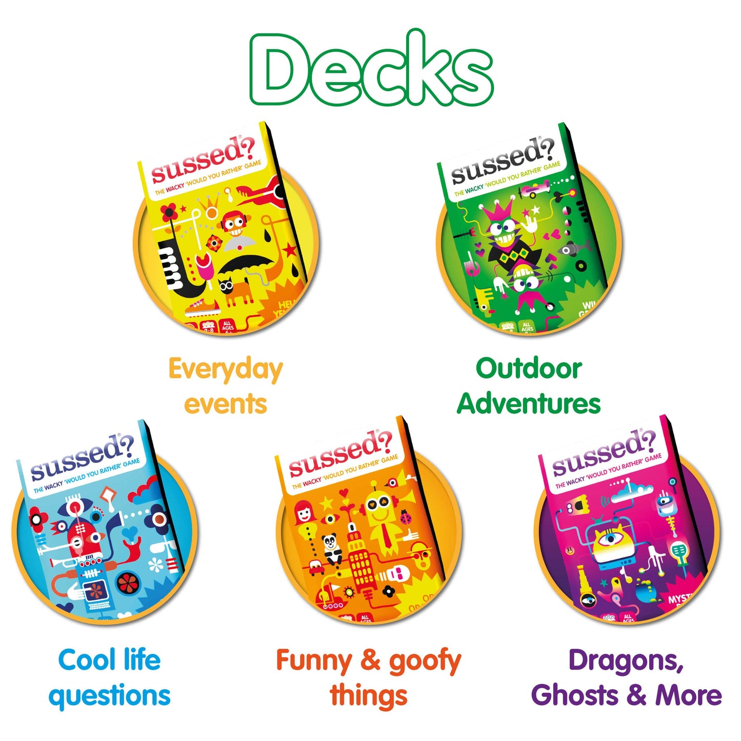 SUSSED 650 Wacky Conversation Starters for Kids, Teens & Adults- Family Card Game - Fun Gift - Stocking Stuffer - Blue, Green and Orange Bundle