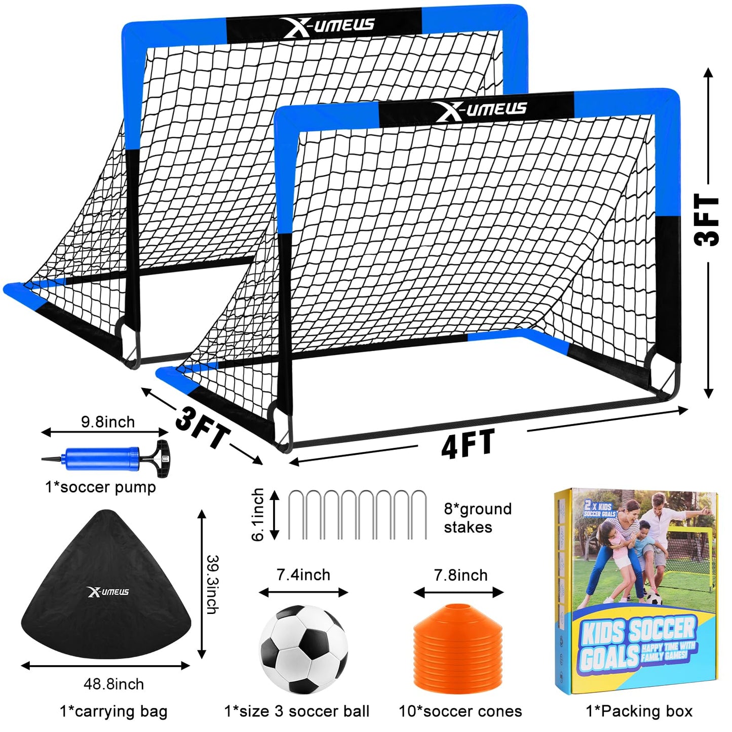 Kids Soccer Goals for Backyard Set of 2, 4 x 3 ft/6 x 4 Toddler Soccer Goal Training Equipment with Soccer Ball, Cones, Pop Up Soccer Net for Kids Age 3-5 4-6 6-8 8-12 10-12 Outdoor Games Sports Gifts