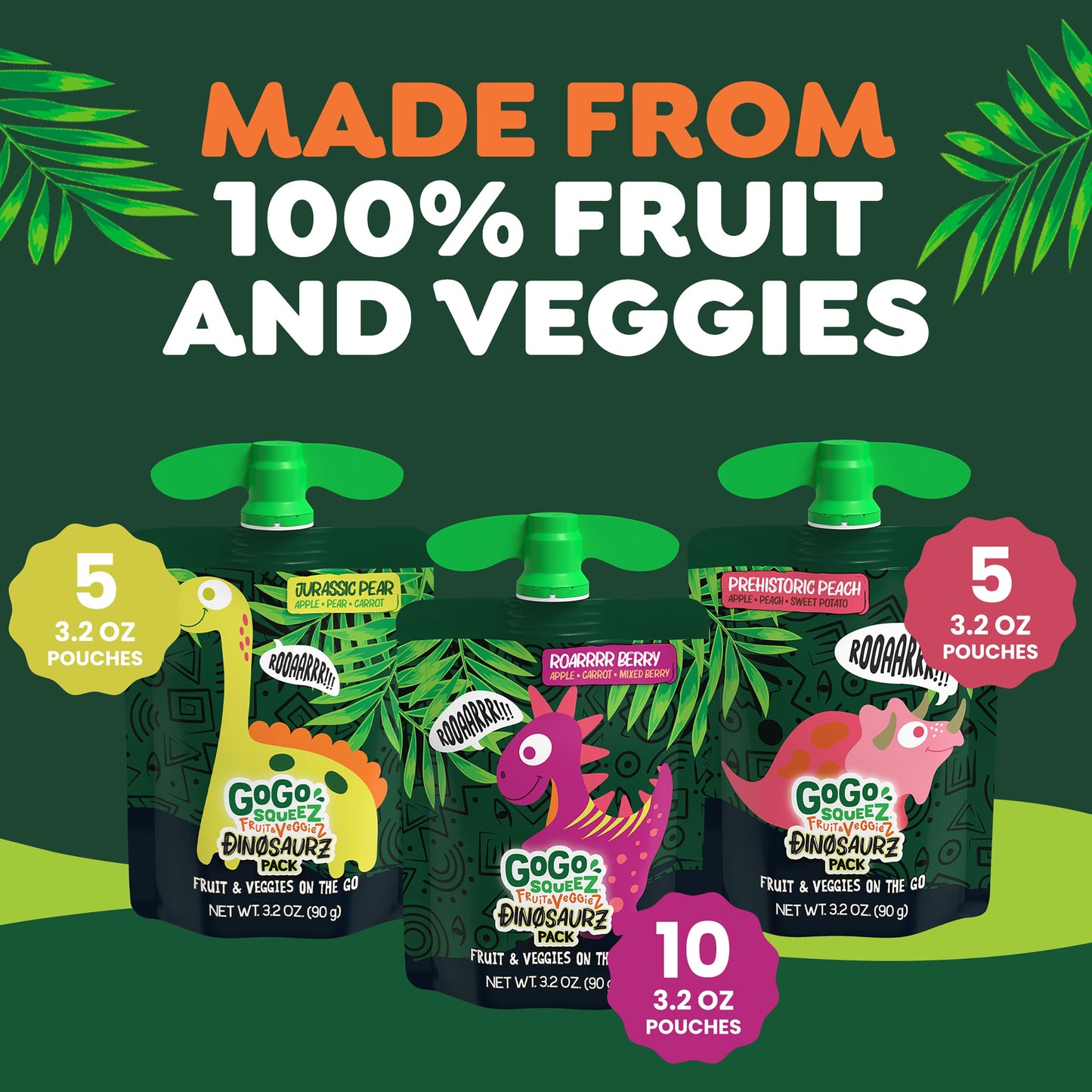 GoGo squeeZ No Sugar Added Fruit & veggieZ Applesauce and Puree Variety Pack, Jurassic Pear, Roarrrr Berry & Prehistoric Peach, 3.2 oz Pouches (Pack of 20), Fruit Snacks for Kids, Gluten Free, Nut Free, Recloseable Cap, BPA Free