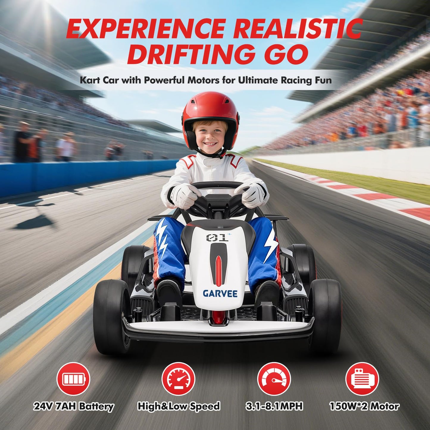 Electric Drift Go Kart for Kids, 200W Dual Motor & 7AH Battery, 8.1MPH Max Speed, 2 Seater Ride on Car with Dual Motor, 360° Drift & Speed Adjust, Kids Electric Vehicle 4 Wheeler, White