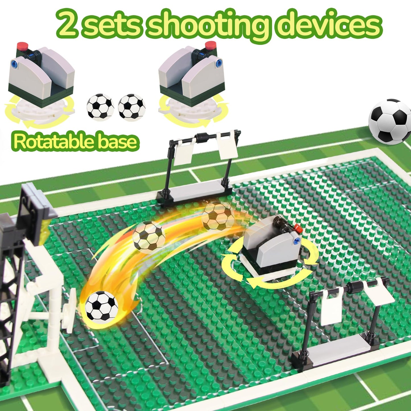 Cabeeskii Soccer Playset Building Blocks, Football Court Baseplate Brick with Football Goals, launchers Bricks, 2 Footballs, Soccer Building Bricks SetCompatible with Major Brands