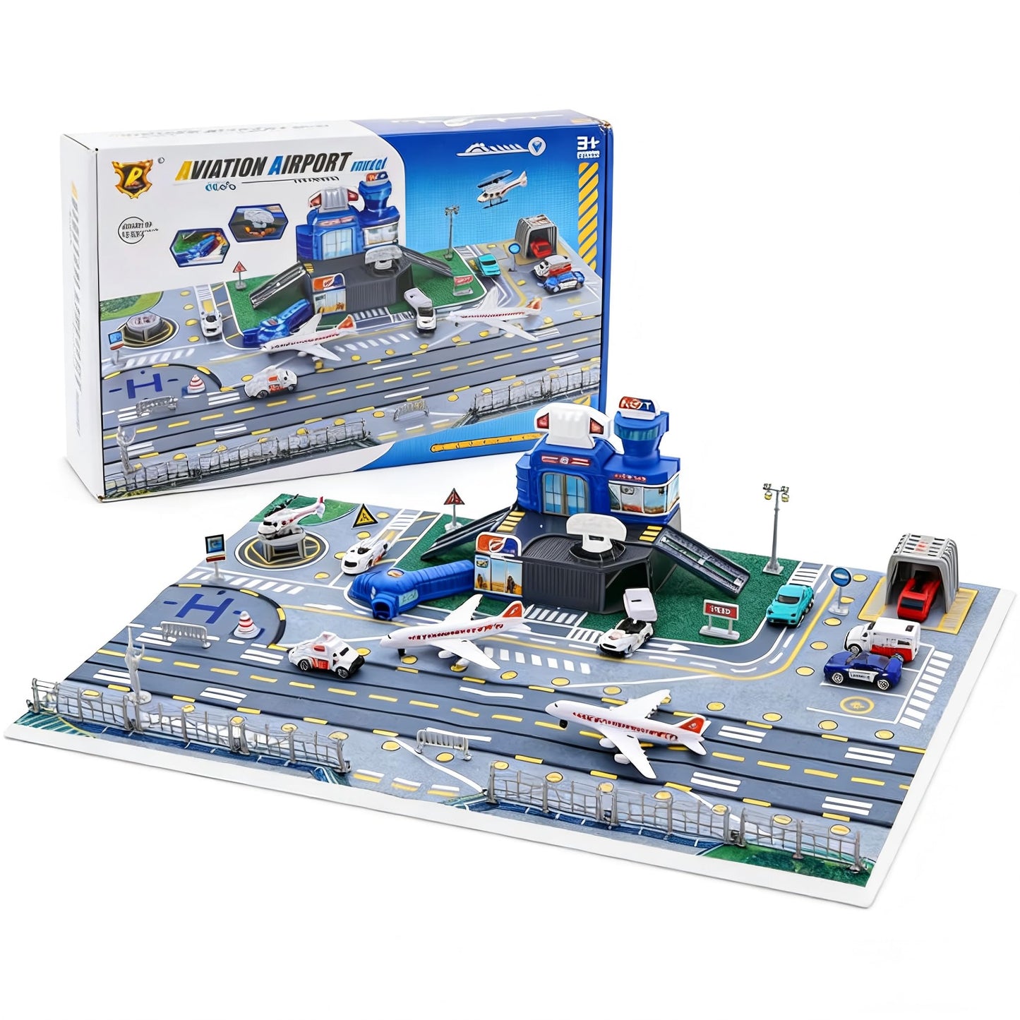 Airplane Toy Set with Trucks, Helicopter, Planes, Signs and Airport Playmat, Interactive Early Learning Toys Great Military Toys Gift for 3 4 5 6 Kids Boys Girls
