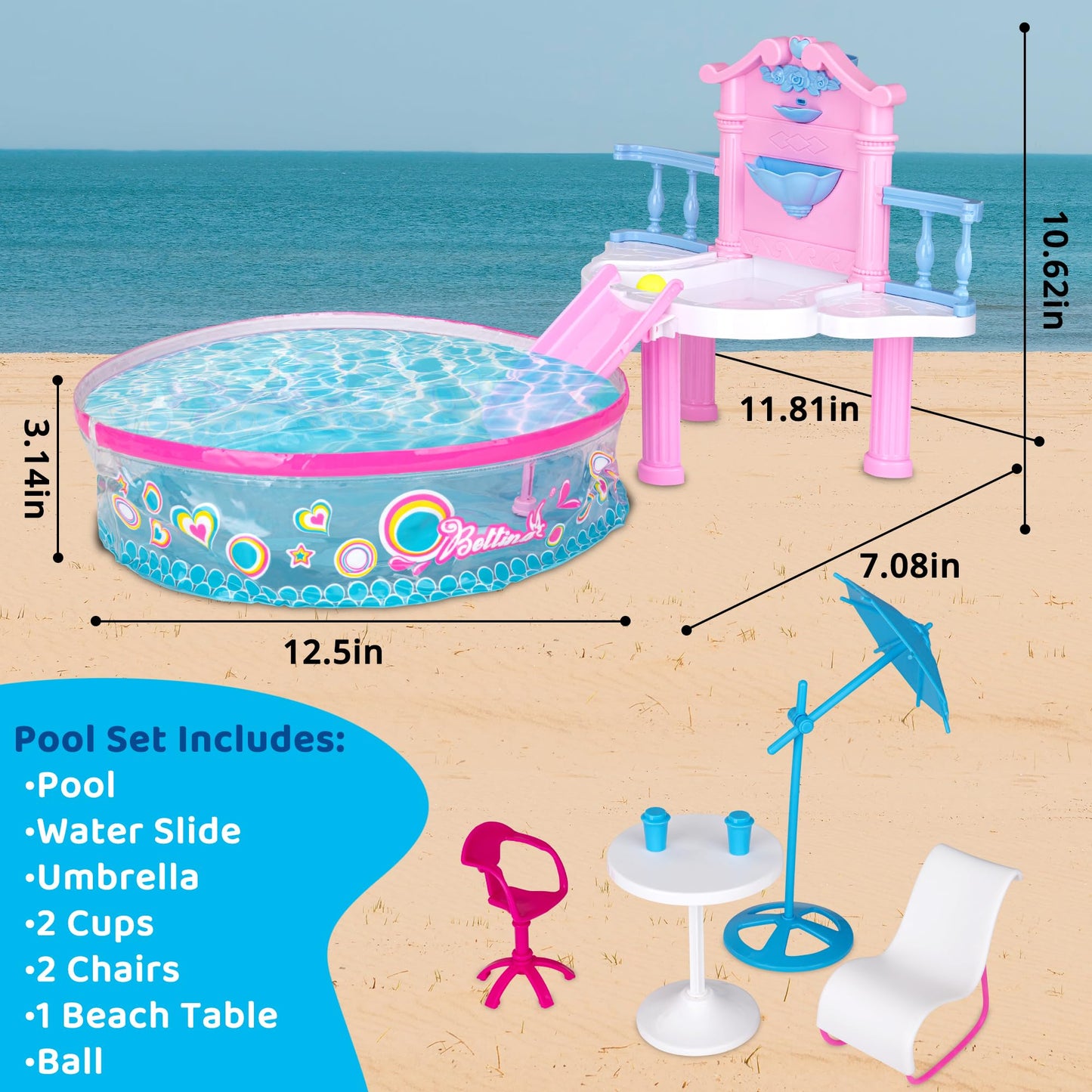 Glam Deluxe Doll Pool Playset with 7 Pcs Accessories, Fits 12 Inch Dolls, Kids Gifts for 3 to 8 Year Olds Girls, Bath Toys for Toddlers, Birthday & Xmas Gift for Girls & Kids Aged 3+