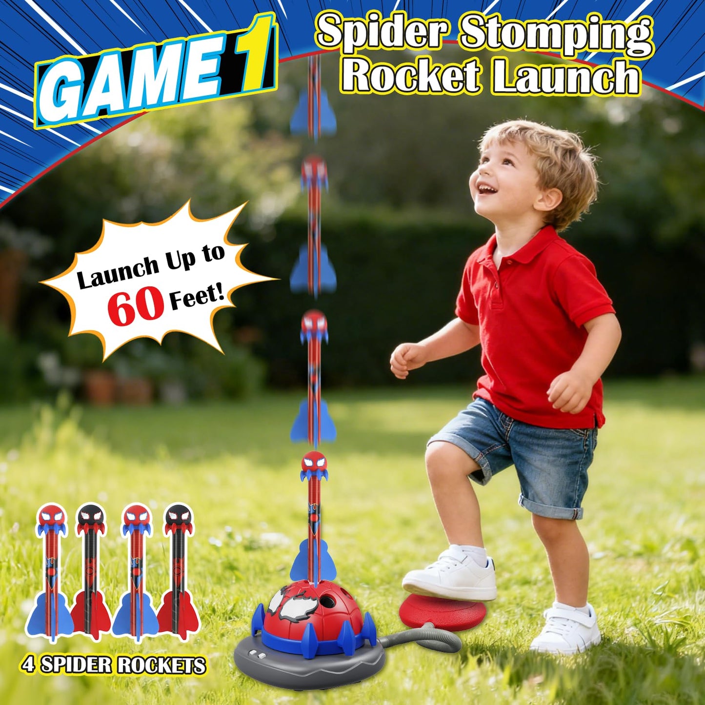 Scarmat 3-in-1 Outdoor Toys for Kids 3-8, Spider Rocket Launcher & Ring Toss Musical Jump for Sports and Outdoors Active Play Set, STEM Learning Toys Birthday Gift for Boys Girls Ages 3 4 5 6 7 8