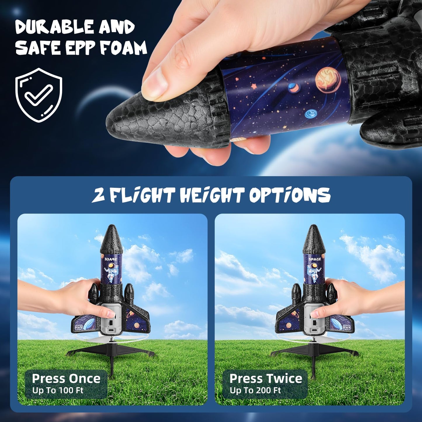 VisionX Rocket Launcher for Kids, 2nd Gen Improved Design, Launch Up to 200ft, Auto-Launch Rocket Toy with Parachute, Outdoor Toys for Ages 5-13, for Boys & Girls, Black