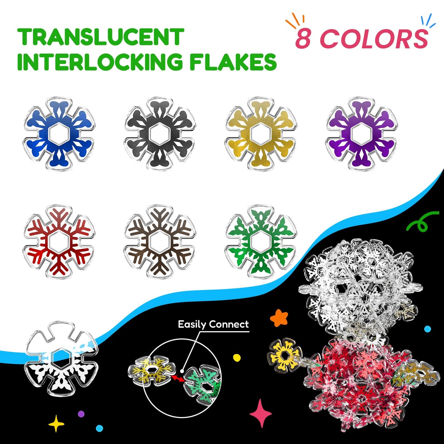 Pleykele Translucent Snowflakes Interlocking Building Chips，360PCS Interlocking Discs, STEM Learning Construction Blocks Toys, Brain Development Playset for Girls and Boys Aged 4+