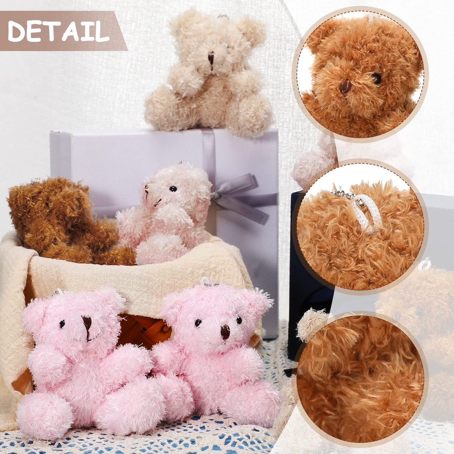 Threan 8 Pcs Mini Plush Bears 4'' Small Bear Bulk Stuffed Animal Toys Tiny Soft Bear Doll Present Stuffers for Keychain Baby Shower Party Favors Supplies(Pink, Brown, Apricot)