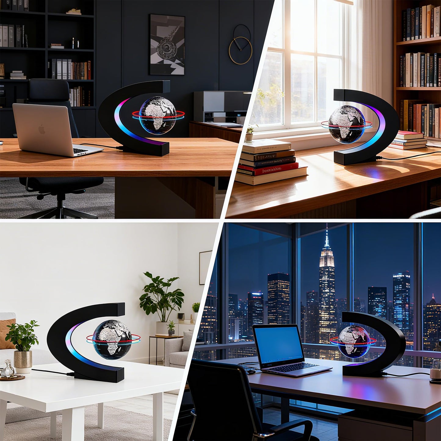 Magnetic Levitation Floating Rotating World Globe with LED Light - C Shape Anti Gravity Levitating Globe for Desk Office Decor, STEM Educational Map, Unique Tech Gift for Men Kids Boss, 3.5 Inches