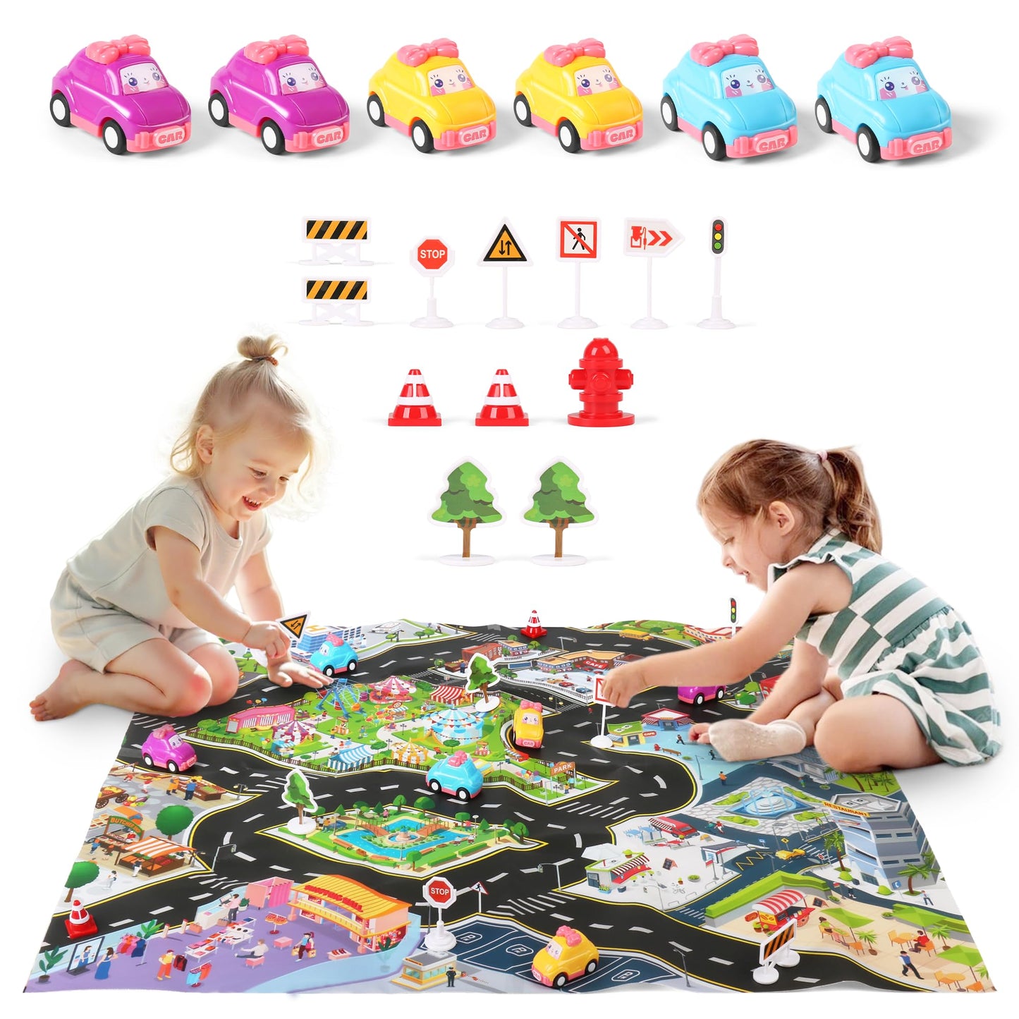 Dwi Dowellin Pink Airplane Toy with 6 Truck Cars and Play Mat,Plane with Lights and Sounds for 3 4 5 6 7 Years Old Toddlers Boys and Girls