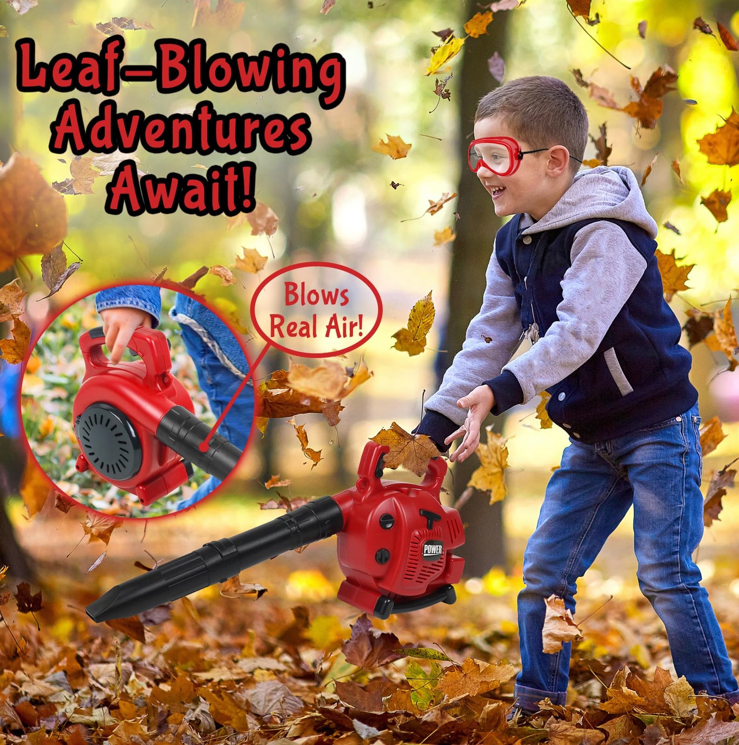 Kids Leaf Blower, Toy Chainsaw, and Lawn Mower Set | Realistic Toddler Landscaping Power Tools with Sound and Action | Includes Safety Goggles Mask and Earmuffs