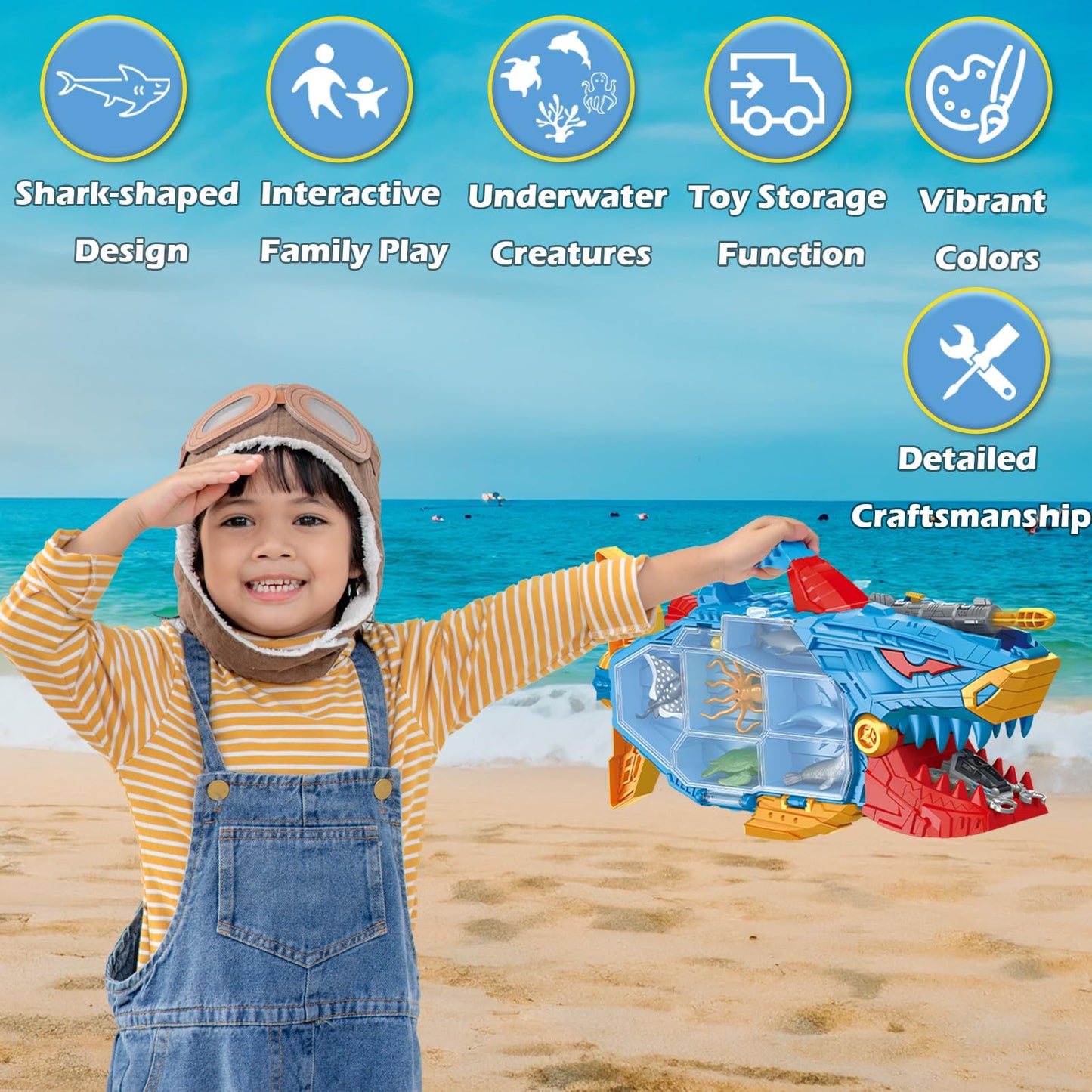 Frontoytall Shark Toy & Deep Sea Creatures Ocean Animal Toys with Truck Cars, 18 Piece Educational Playset for Kids Ages 3+ Years Old, Indoor & Outdoor Play, Preschool Learning Bath for Boys Girls