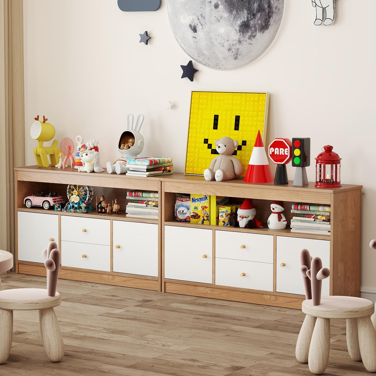 Costzon Toy Storage Organizer, Wooden Kids Toy Cabinet w/ 2 Drawers, 2 Cabinets & Open Shelf, Toy Organizers and Storage for Playroom, Bedroom, Nursery (Natural)