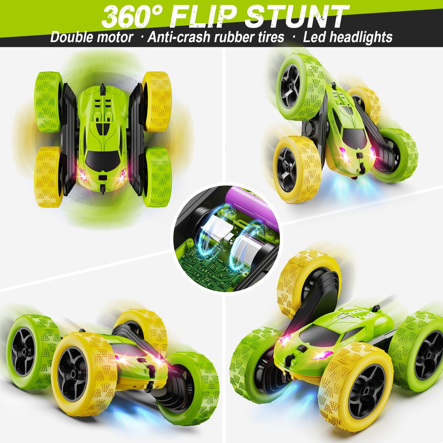 QUNREDA Remote Control Car, RC Car Toys for 6-12 Year Old Boys, Off Road RC Stunt Car 4WD 360° Rotating Remote Control Car for Kids, Boys Girls Gifts for Birthday, Christmas Yellow&Green